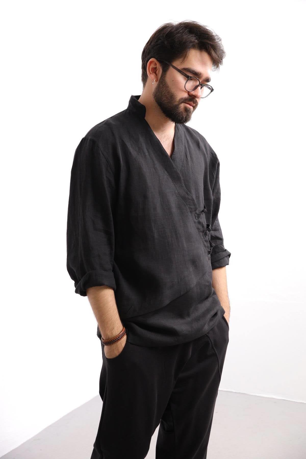 Black V-Neck Asymmetric Cut Linen Shirt