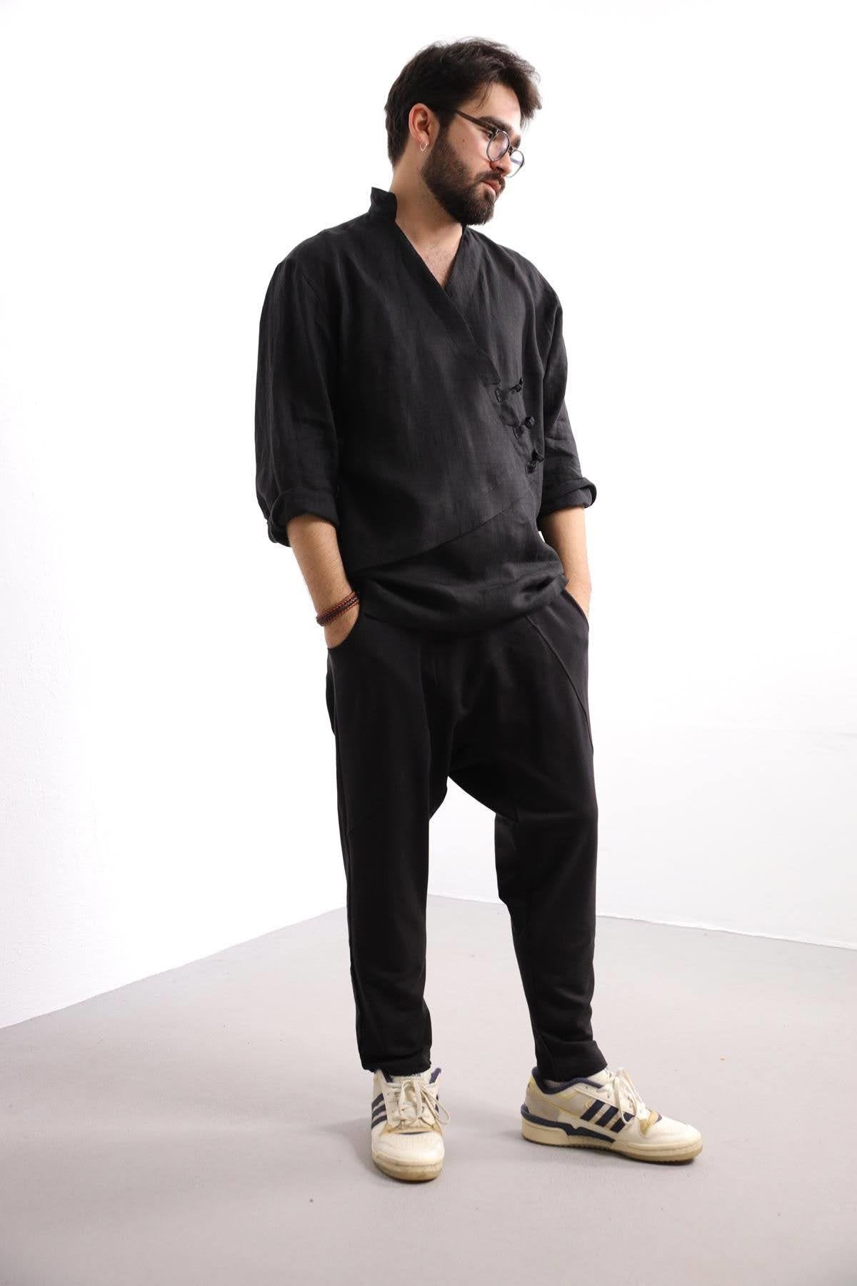 Black V-Neck Asymmetric Cut Linen Shirt