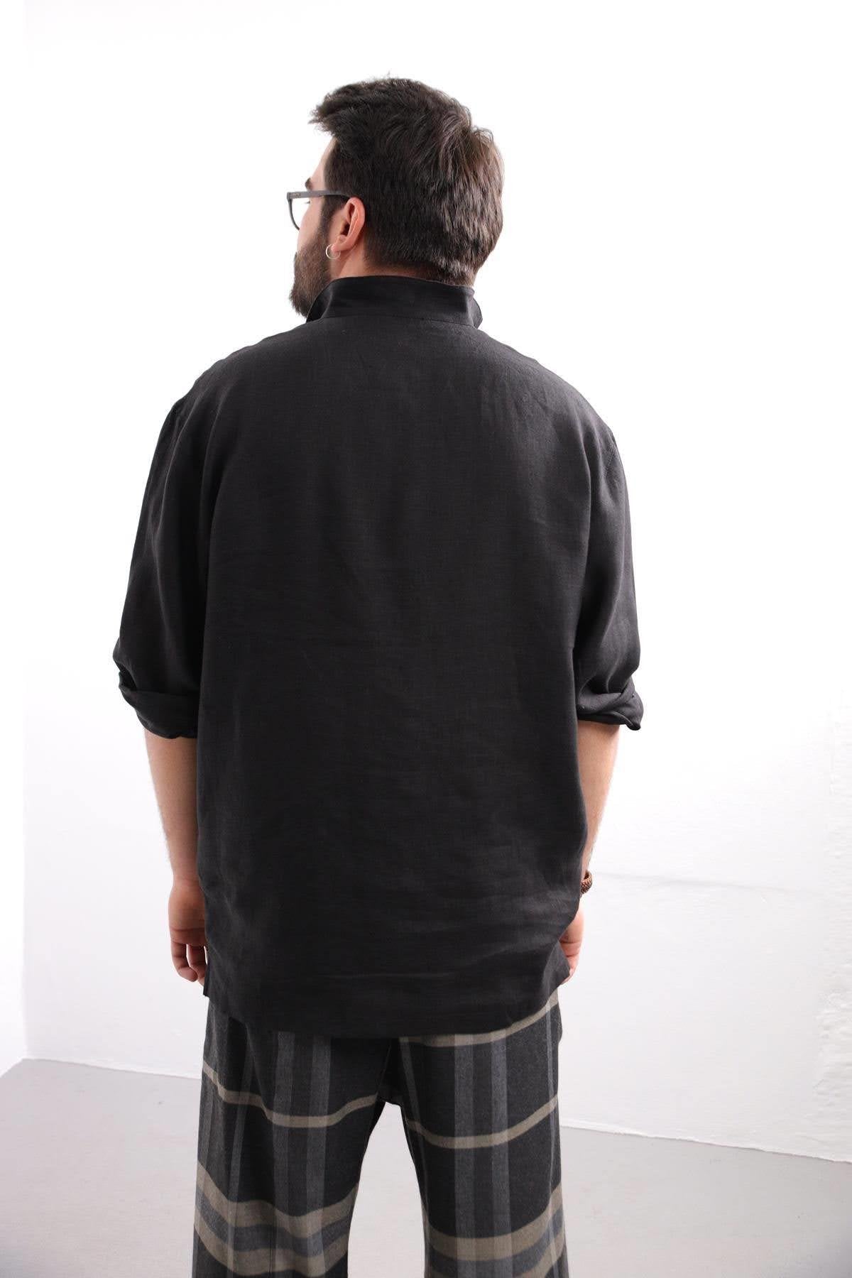 Black V-Neck Asymmetric Cut Linen Shirt