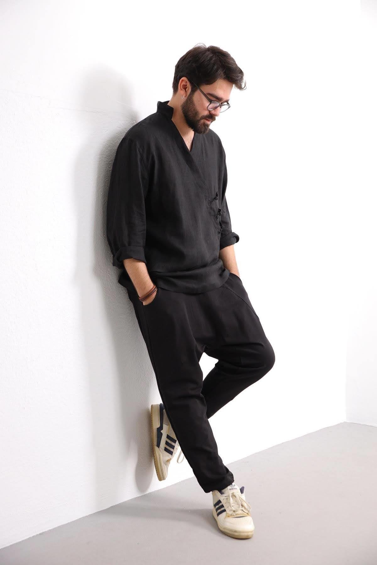 Black V-Neck Asymmetric Cut Linen Shirt