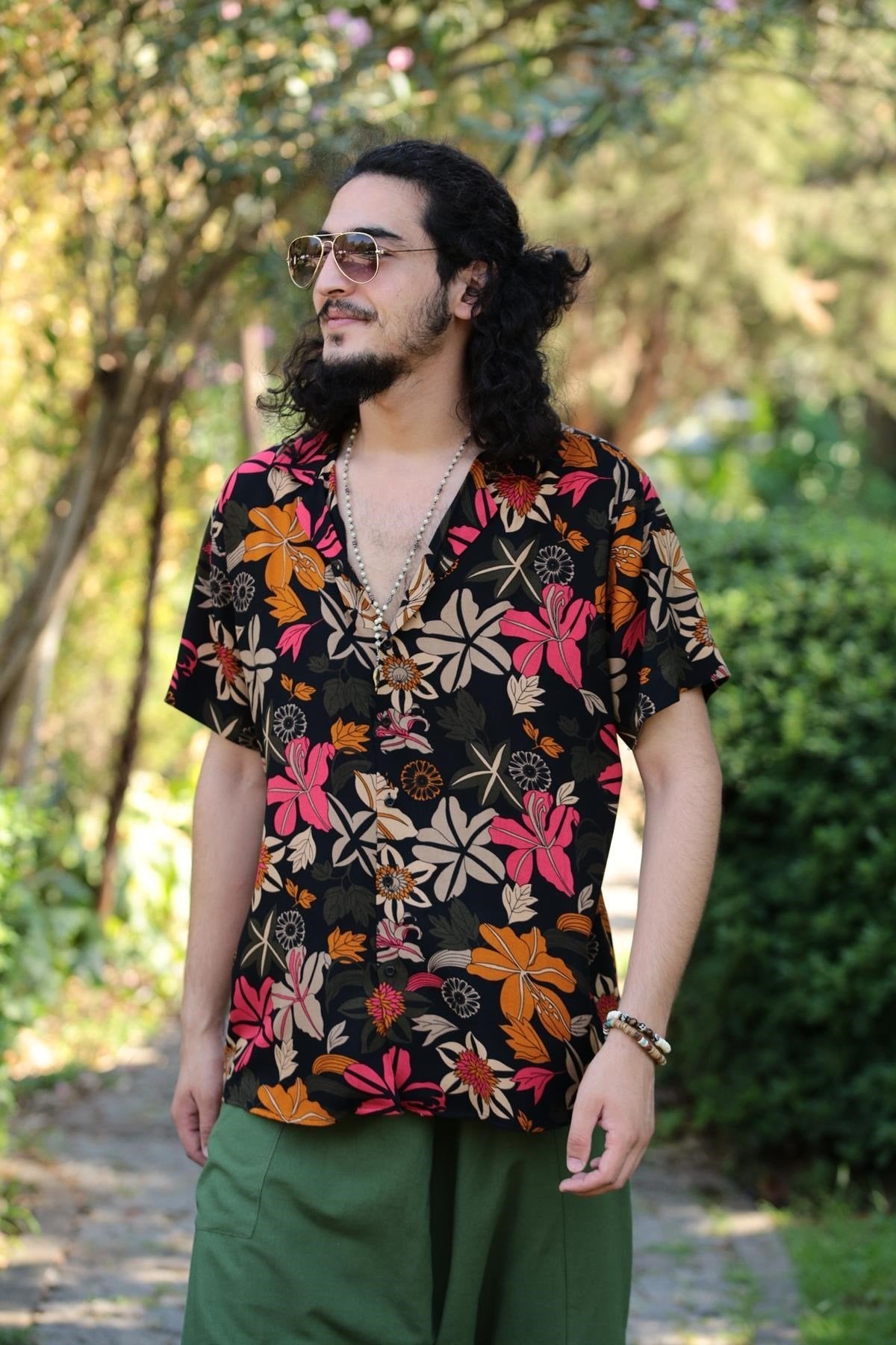 Black Leaf Pattern Short Sleeve Shirt