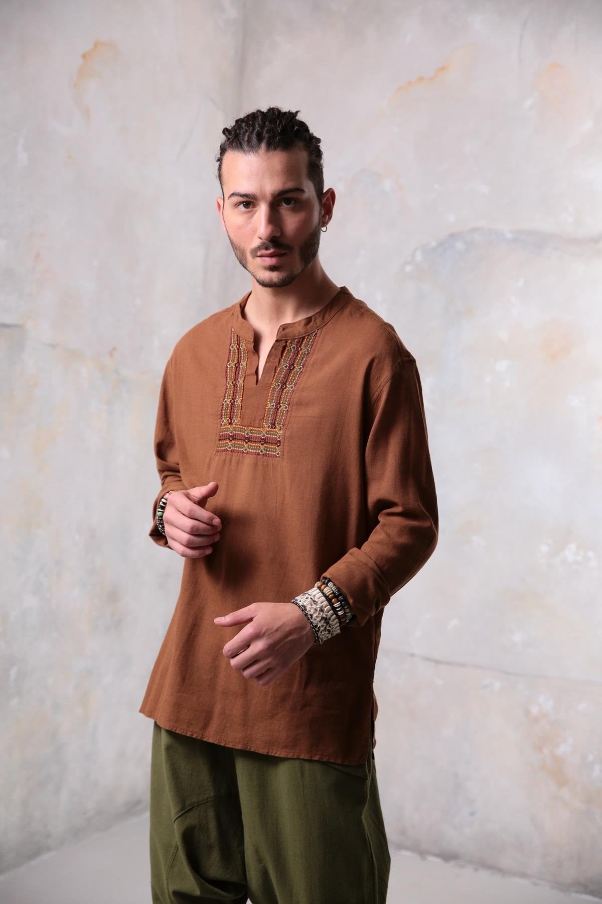 Tan Mandarin Collar Embroidered Detailed Men's Shirt