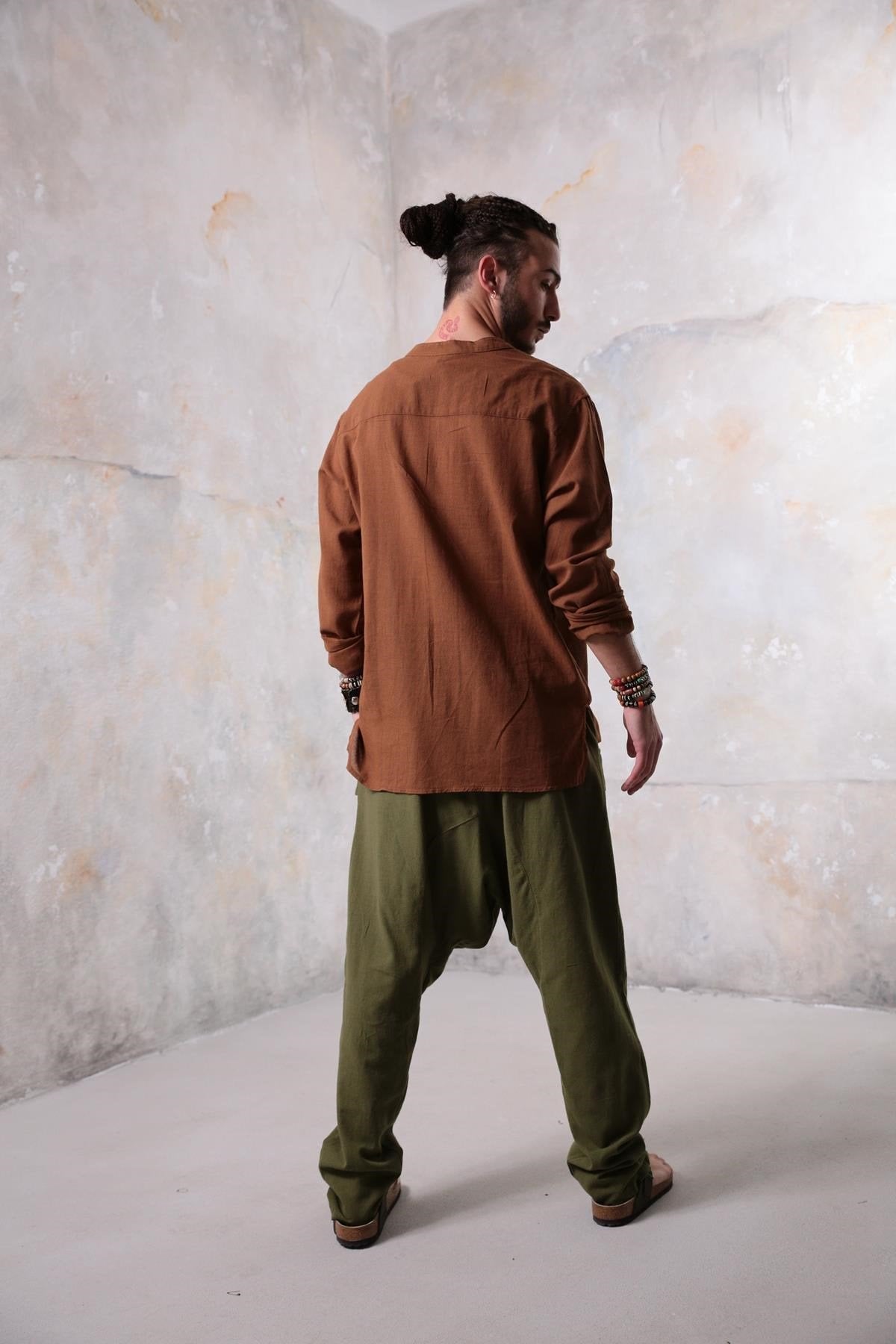 Tan Mandarin Collar Embroidered Detailed Men's Shirt