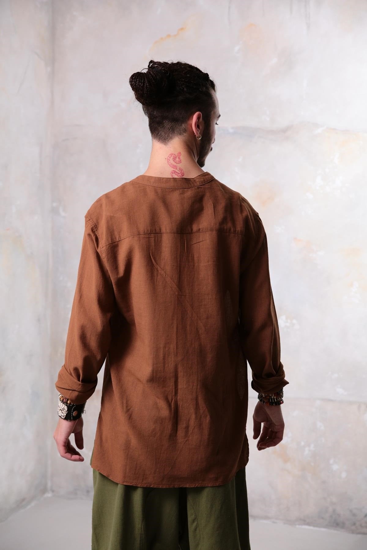 Tan Mandarin Collar Embroidered Detailed Men's Shirt