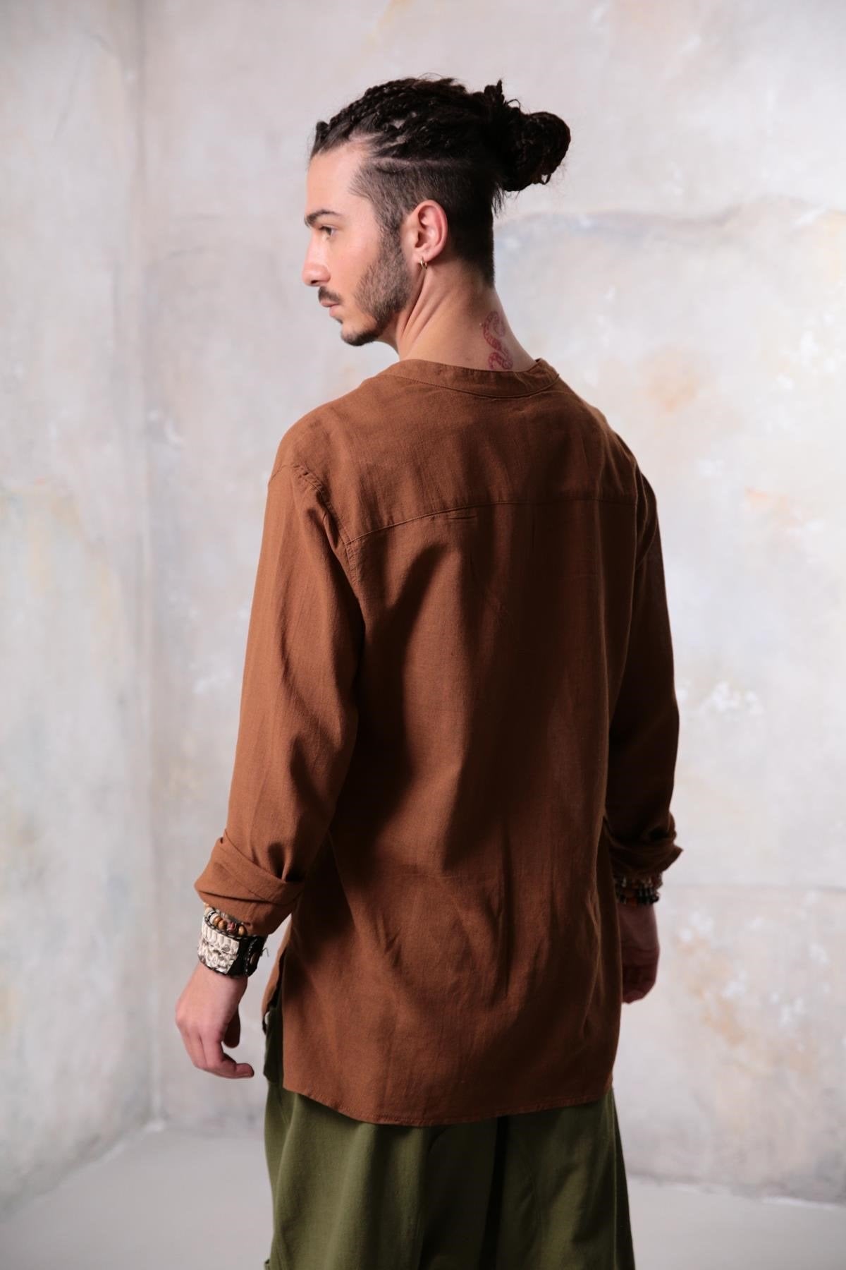 Tan Mandarin Collar Embroidered Detailed Men's Shirt