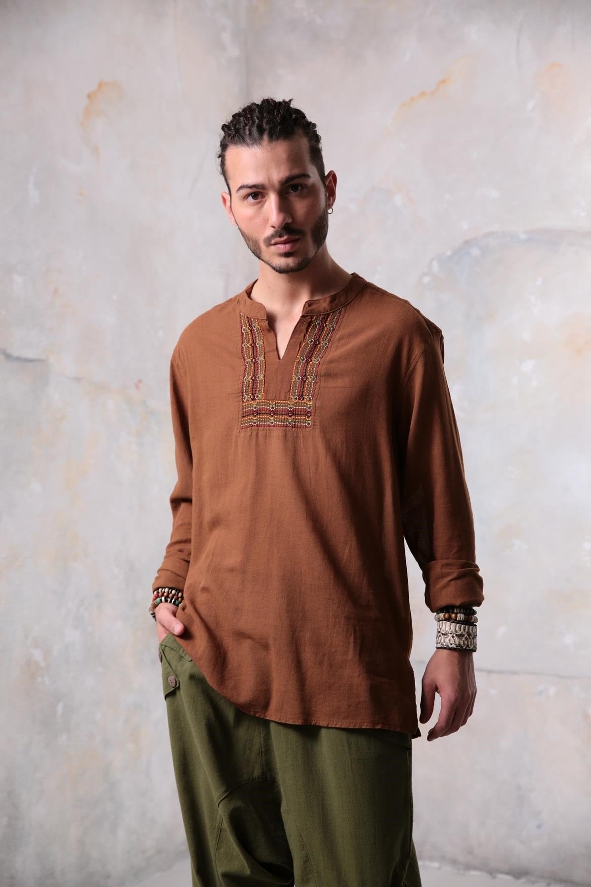 Tan Mandarin Collar Embroidered Detailed Men's Shirt