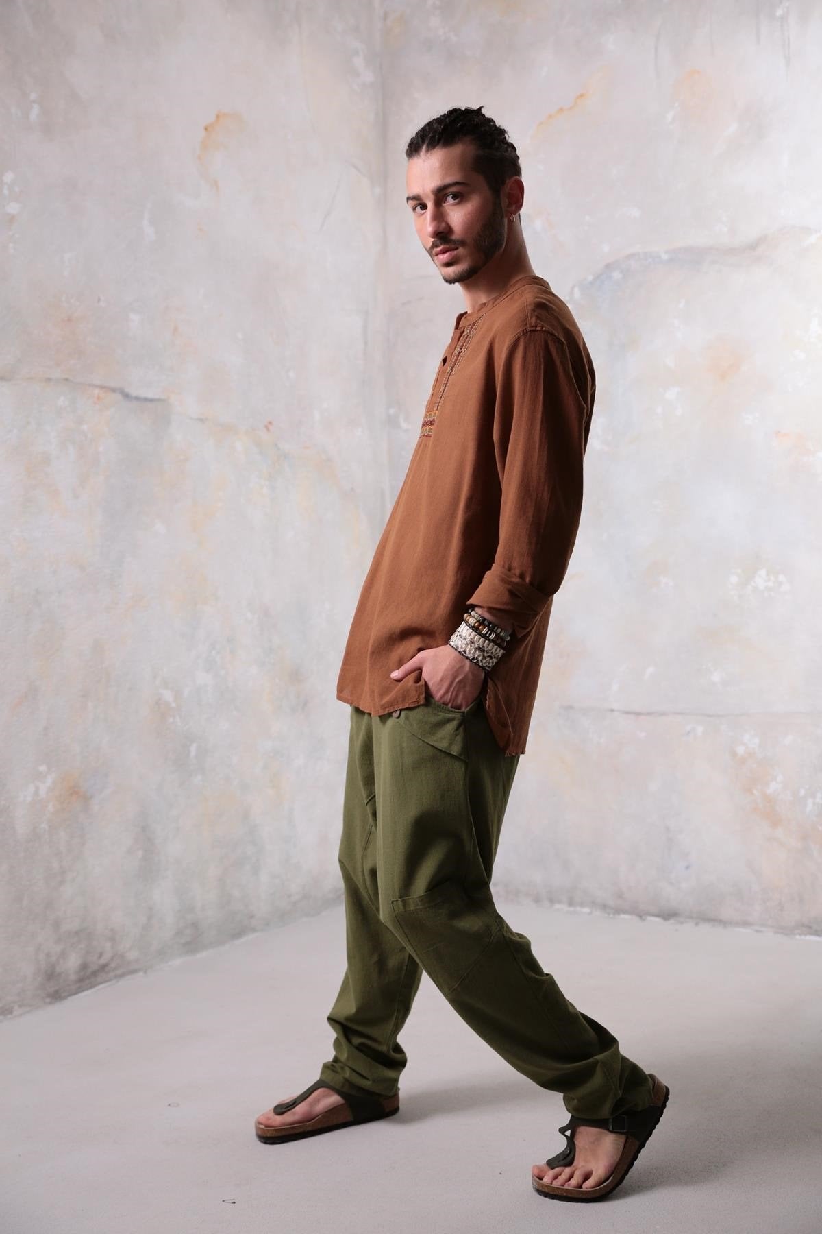 Tan Mandarin Collar Embroidered Detailed Men's Shirt