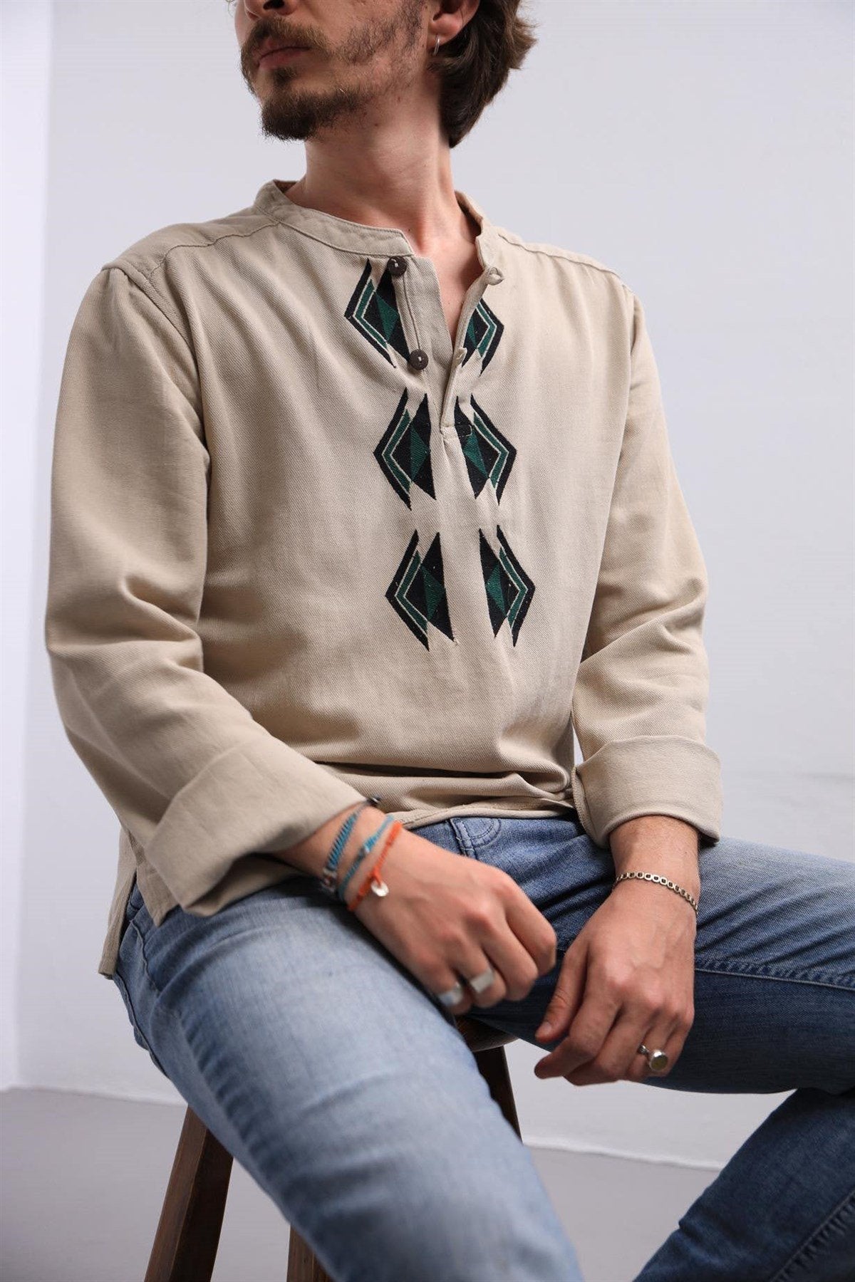 Stone-colored Mandarin Collar Santori Shirt