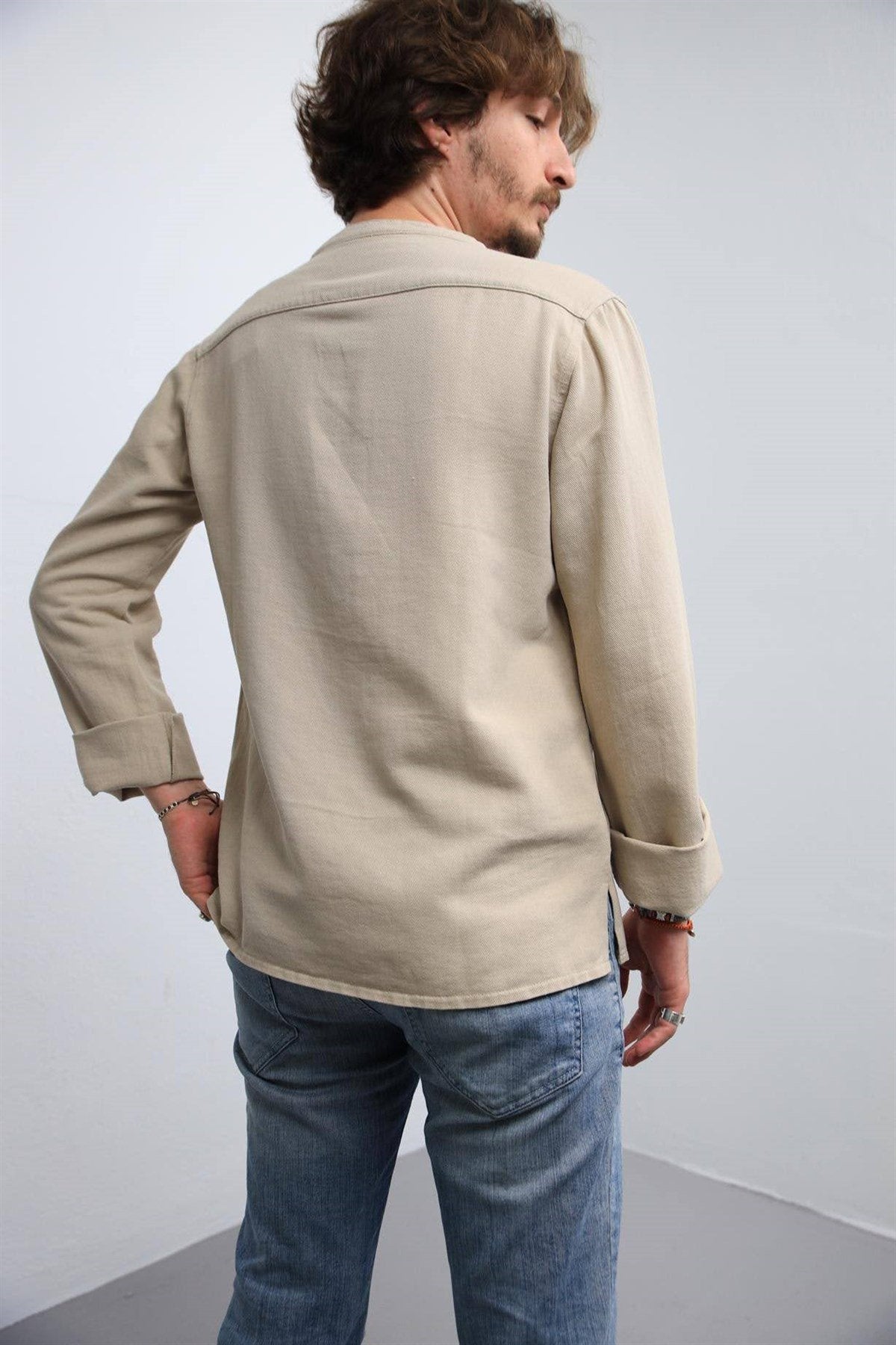 Stone-colored Mandarin Collar Santori Shirt