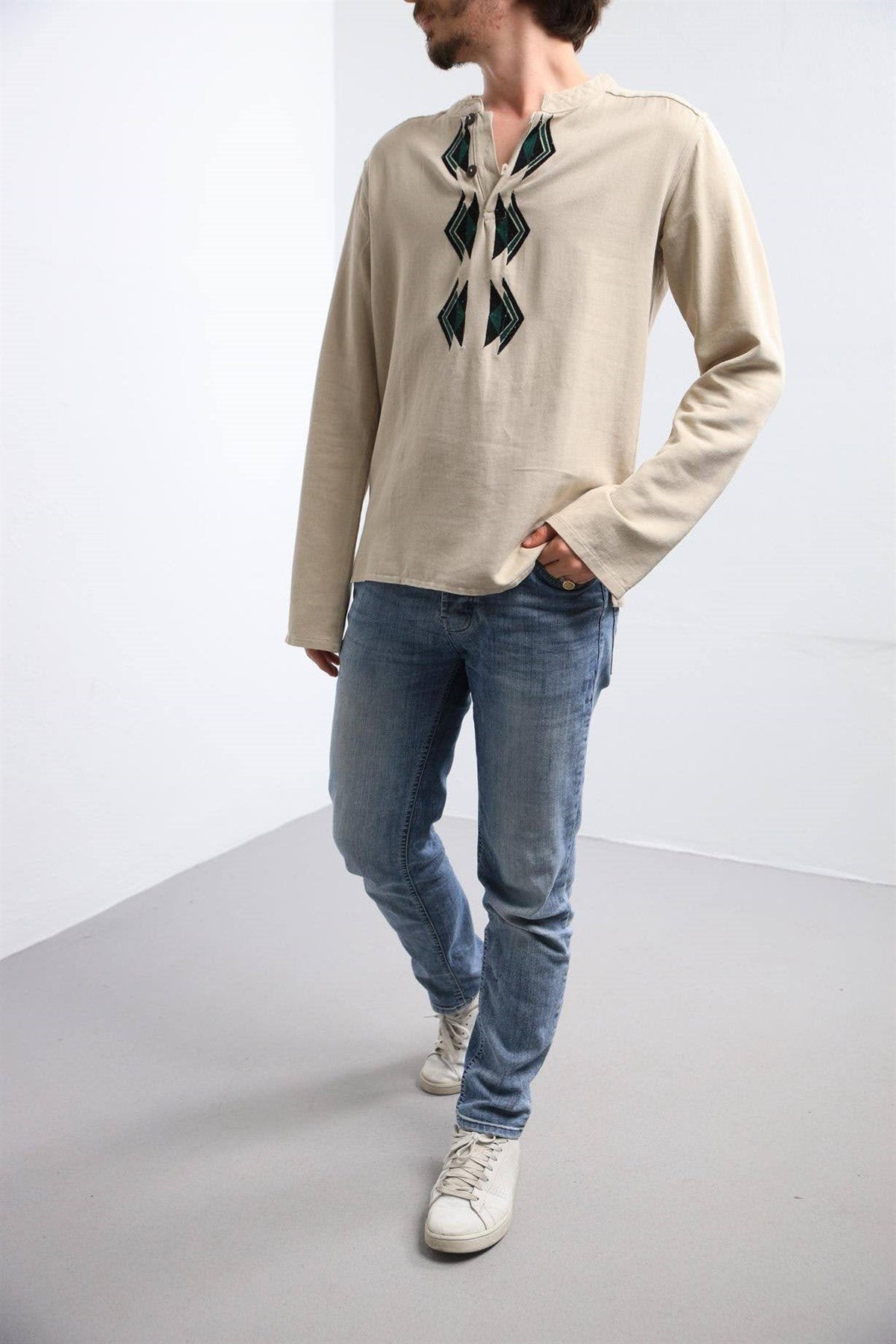 Stone-colored Mandarin Collar Santori Shirt