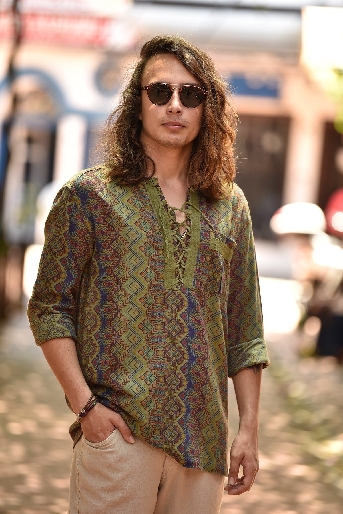 Green Patterned Bohemian Men's Shirt with Lace-Up Collar