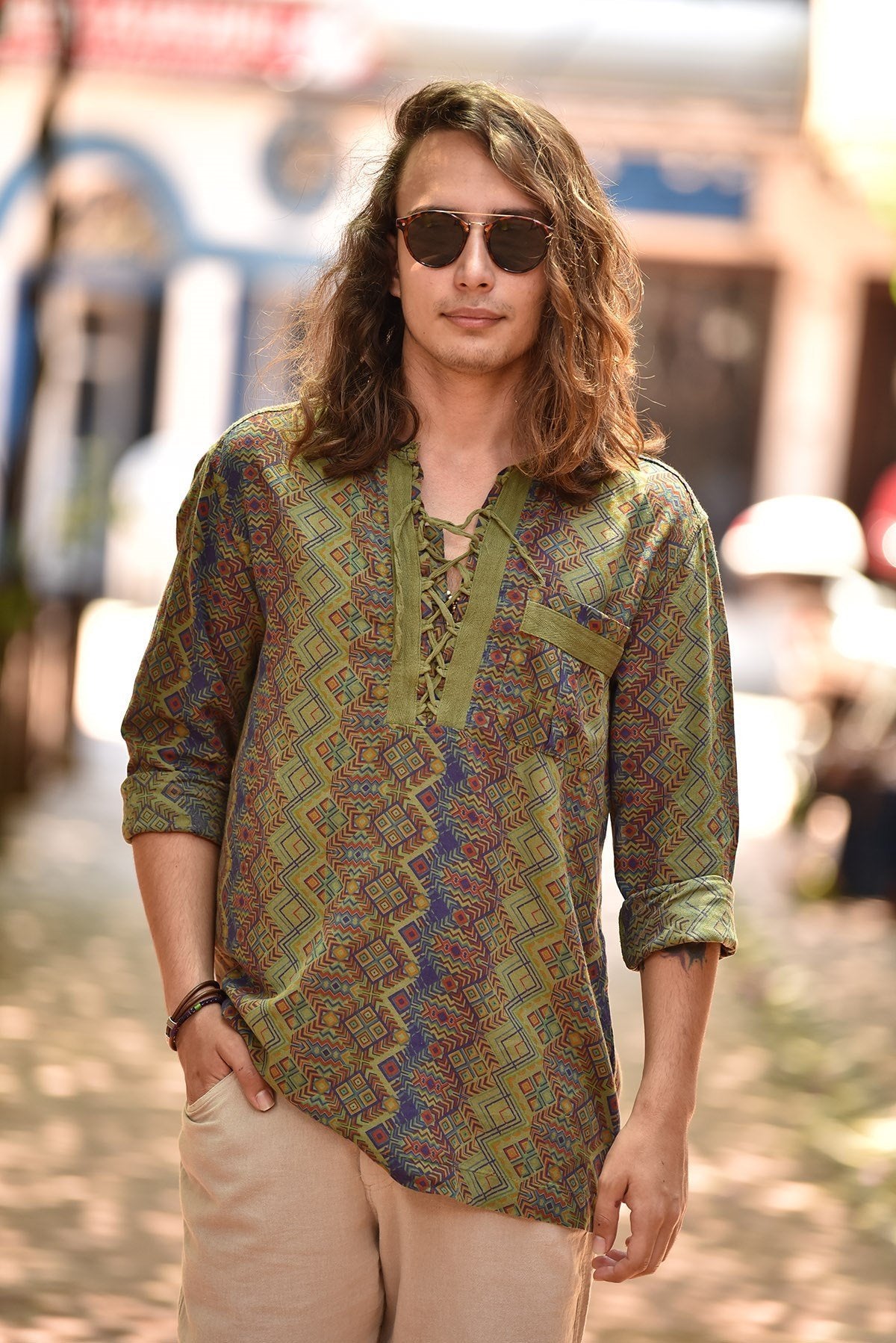 Green Patterned Bohemian Men's Shirt with Lace-Up Collar