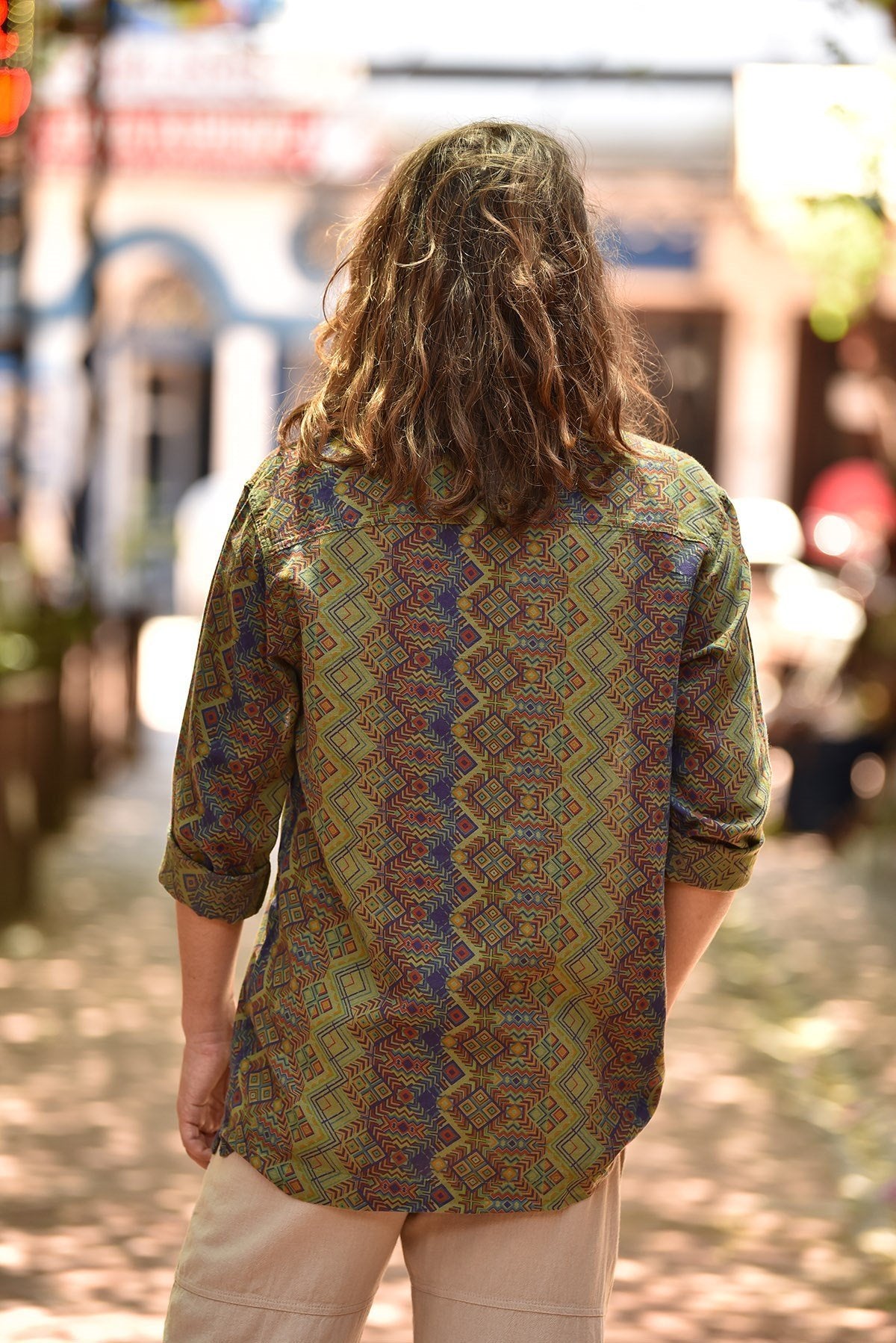 Green Patterned Bohemian Men's Shirt with Lace-Up Collar