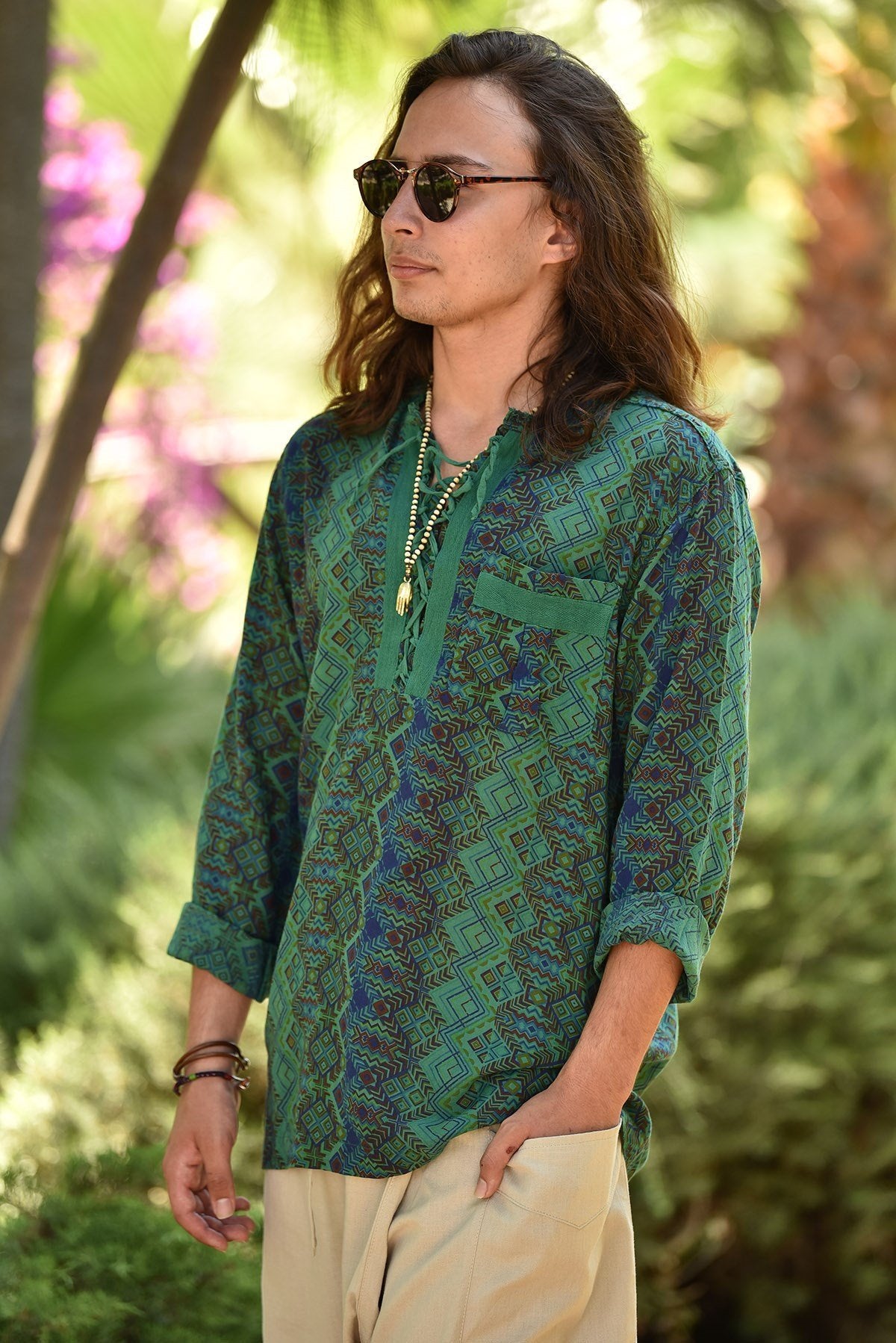 Olive Green Patterned Bohemian Men's Shirt with Lace-Up Collar