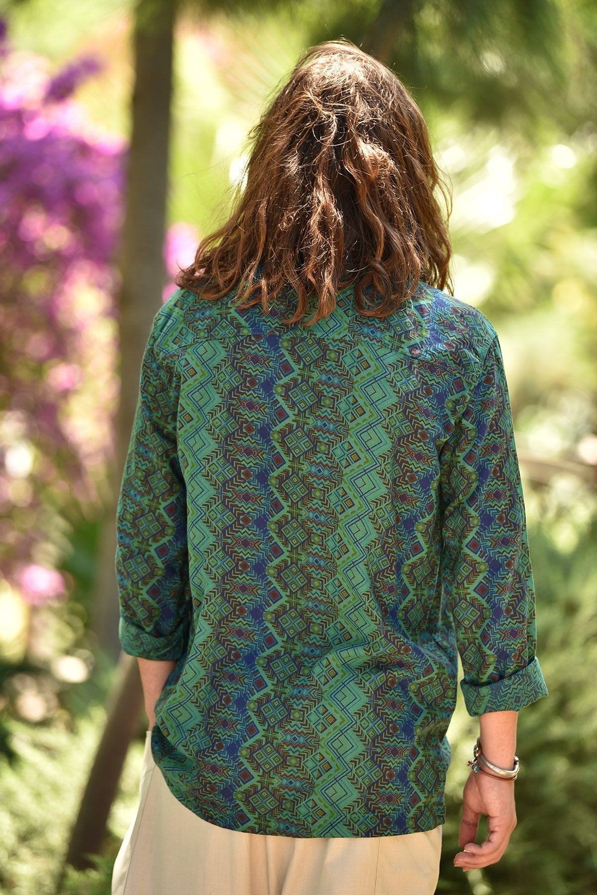 Olive Green Patterned Bohemian Men's Shirt with Lace-Up Collar