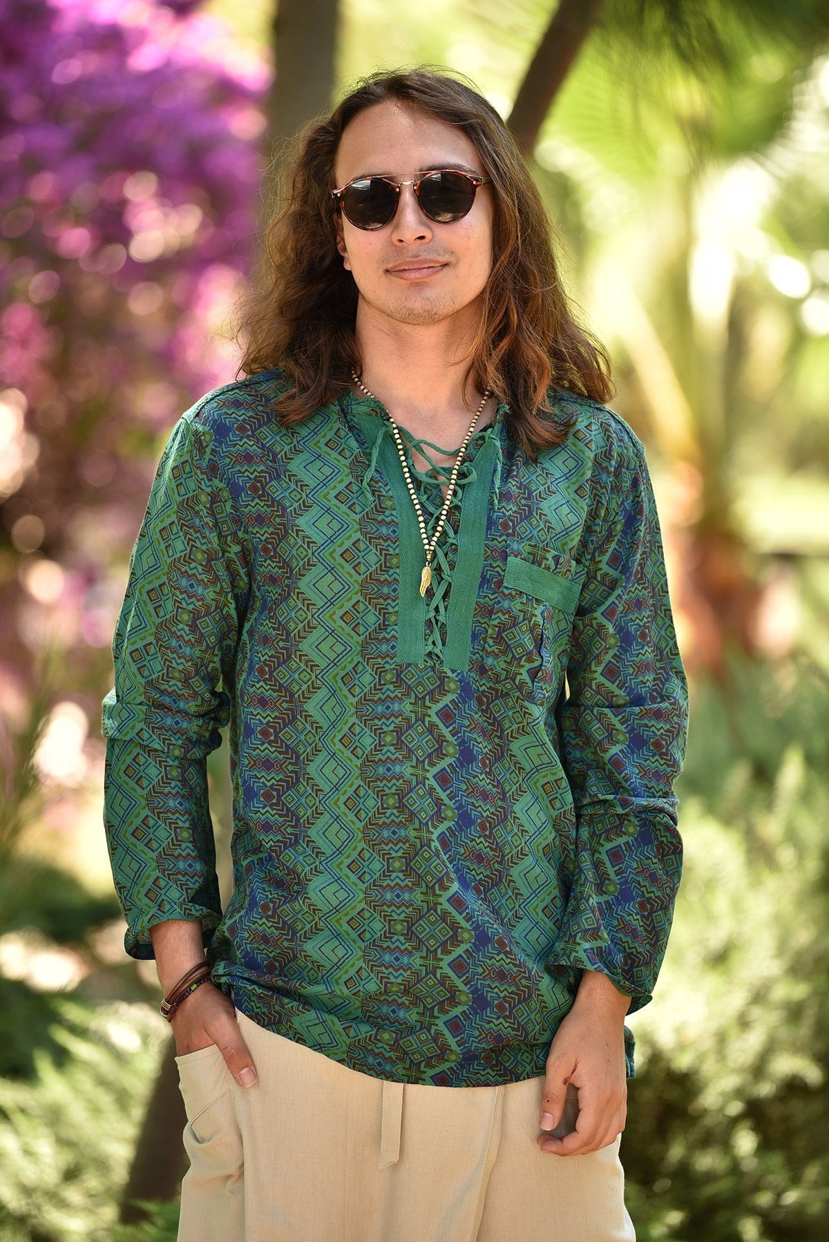 Olive Green Patterned Bohemian Men's Shirt with Lace-Up Collar