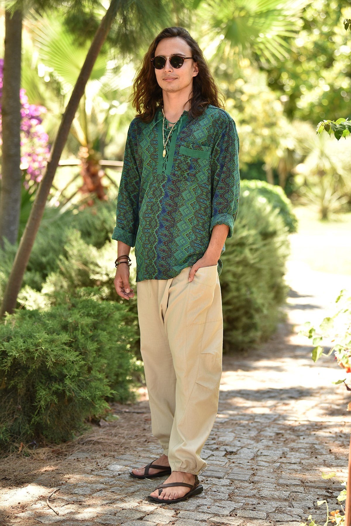 Olive Green Patterned Bohemian Men's Shirt with Lace-Up Collar