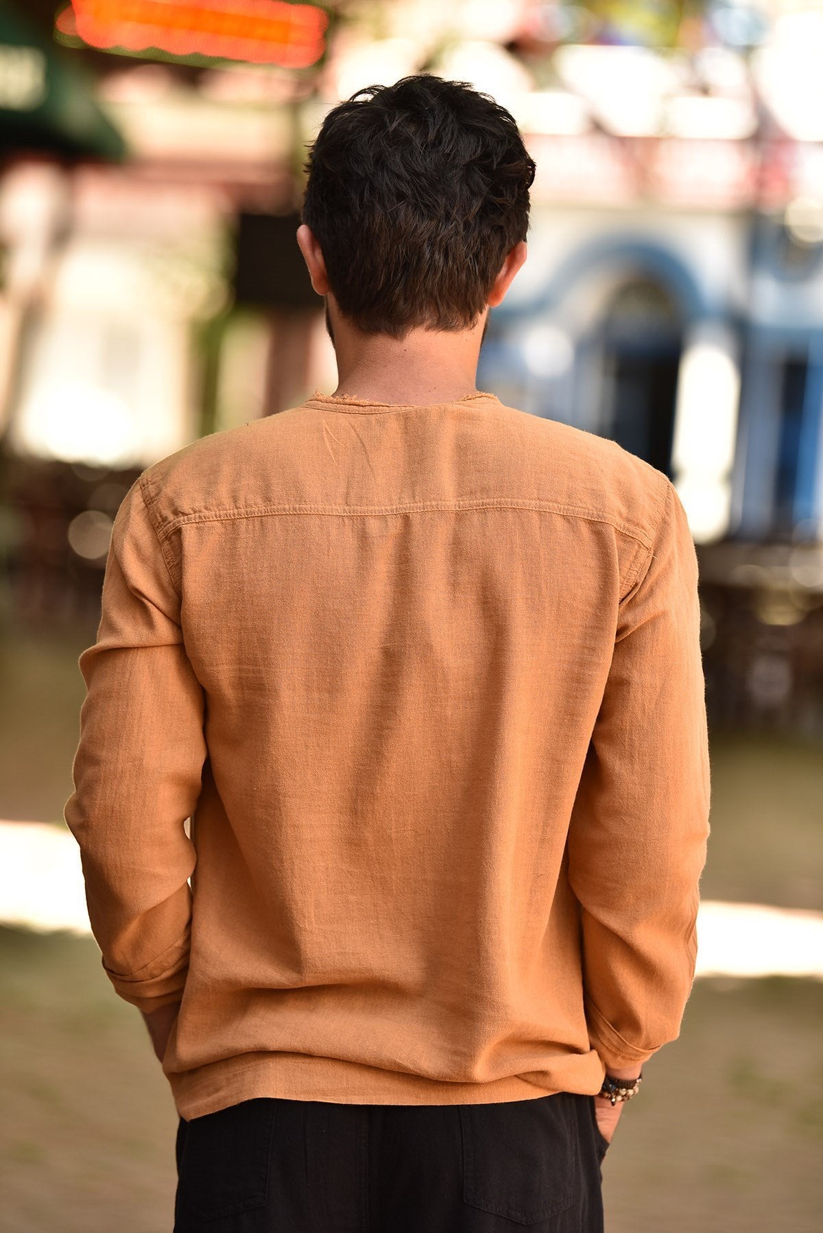 Mustard Yellow Collar Lace-Up Bohemian Men's Shirt