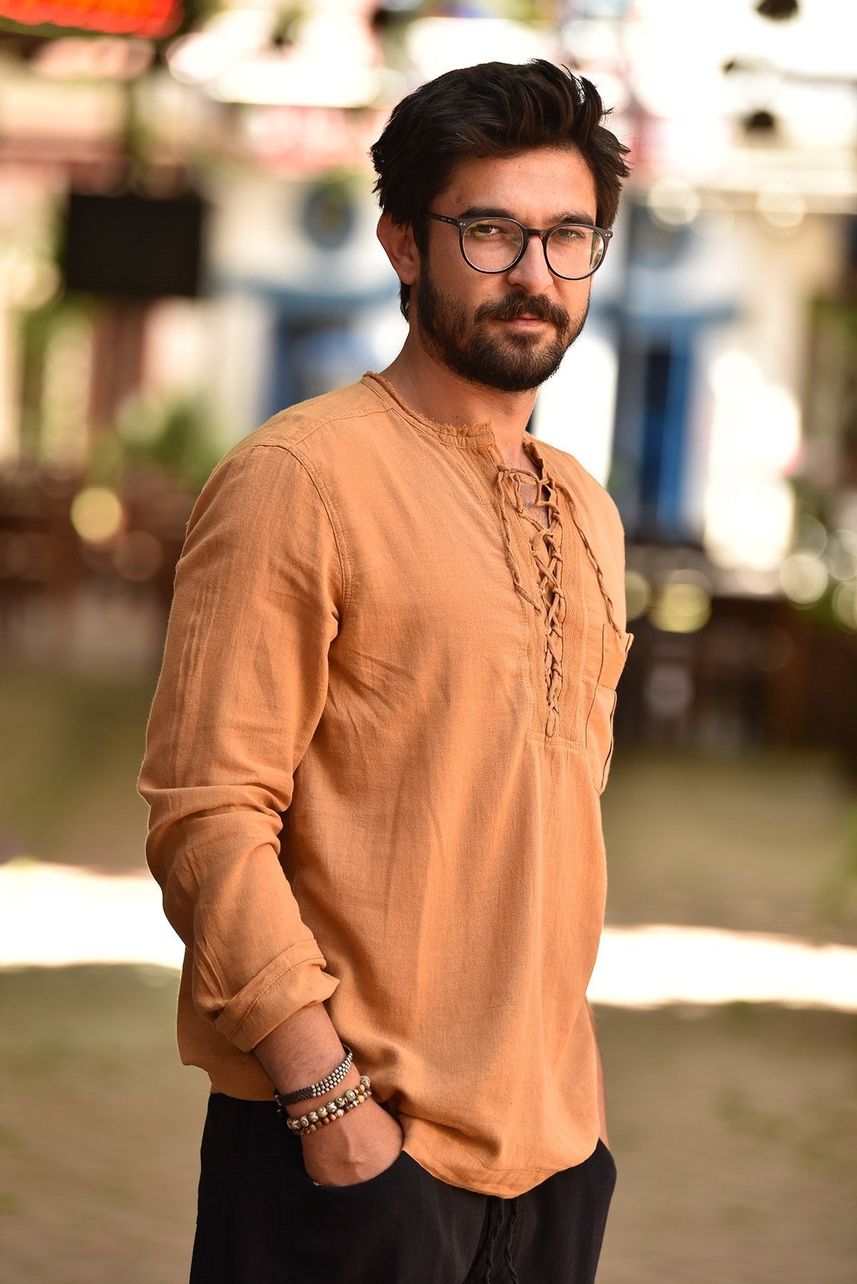 Mustard Yellow Collar Lace-Up Bohemian Men's Shirt