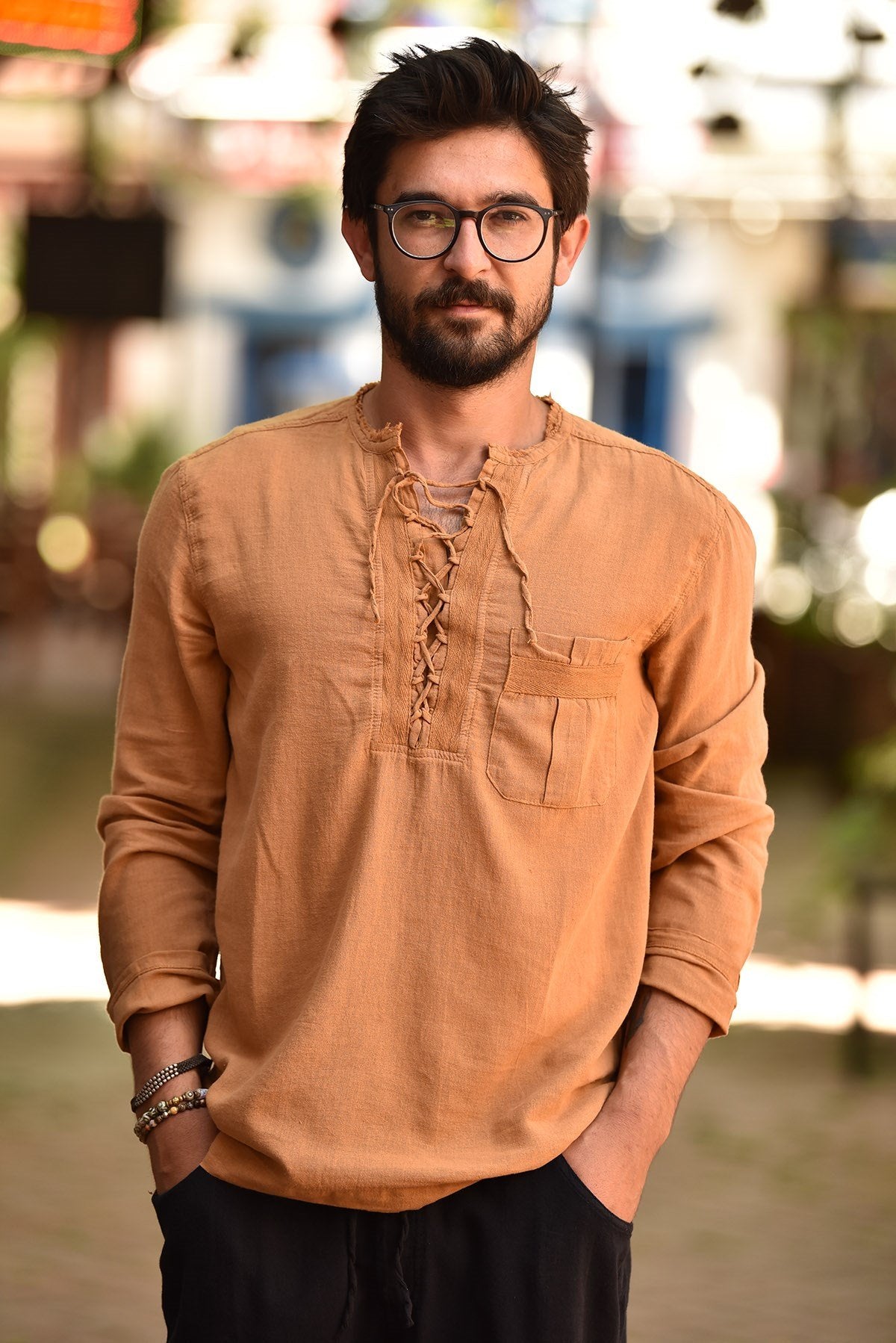 Mustard Yellow Collar Lace-Up Bohemian Men's Shirt