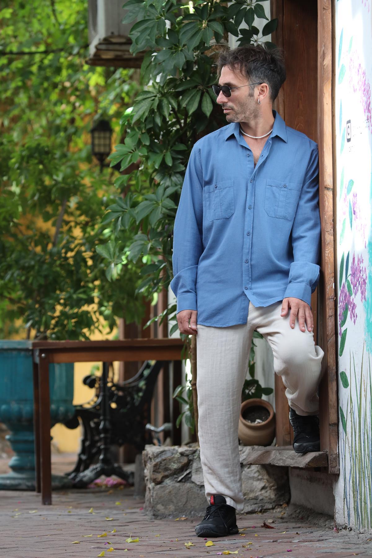 Indigo Blue Double Pocket Long Sleeve Men's Shirt