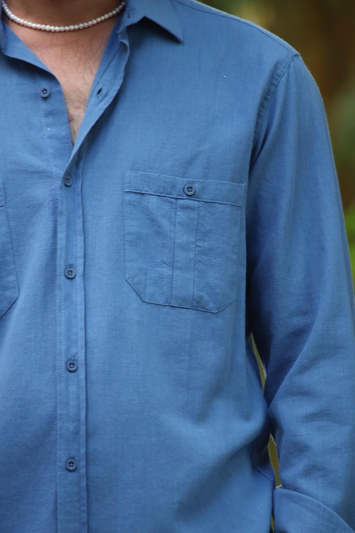 Indigo Blue Double Pocket Long Sleeve Men's Shirt