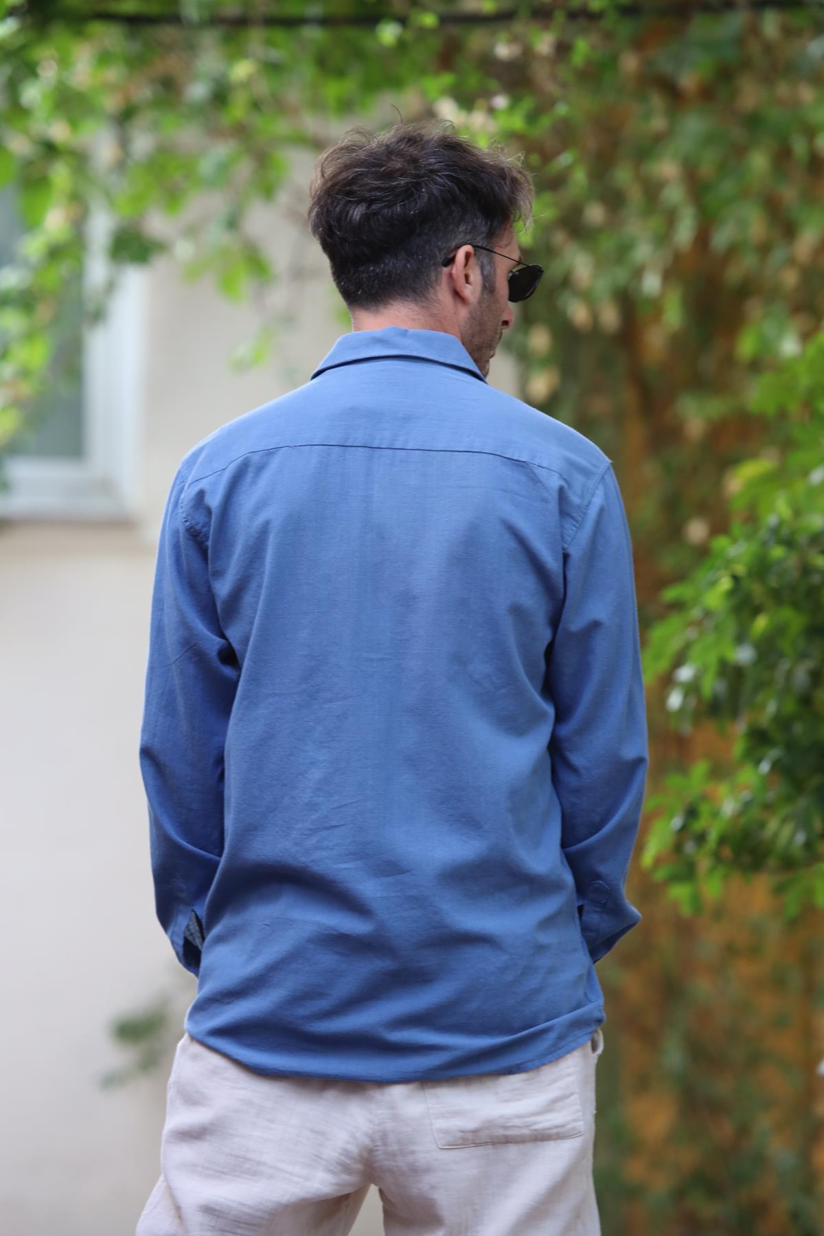 Indigo Blue Double Pocket Long Sleeve Men's Shirt