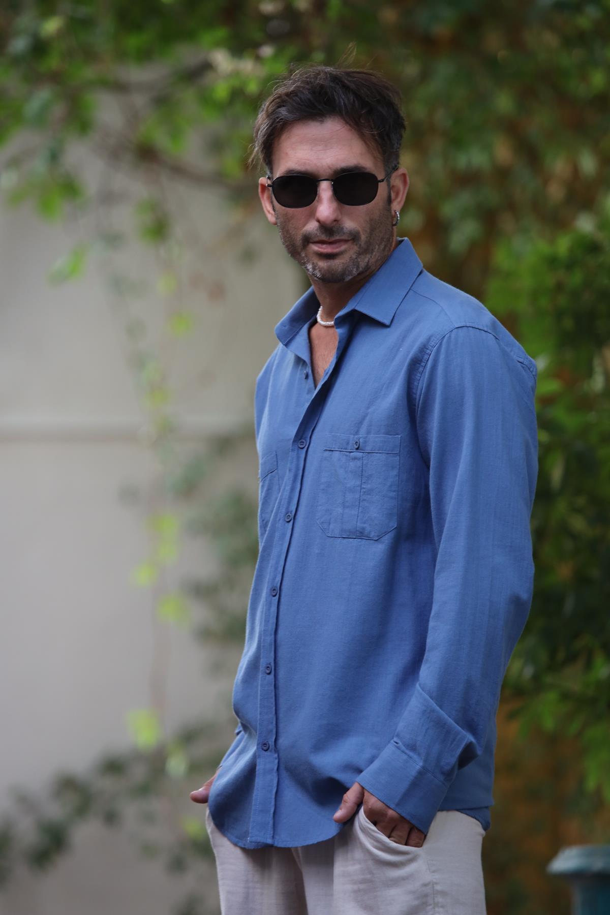 Indigo Blue Double Pocket Long Sleeve Men's Shirt