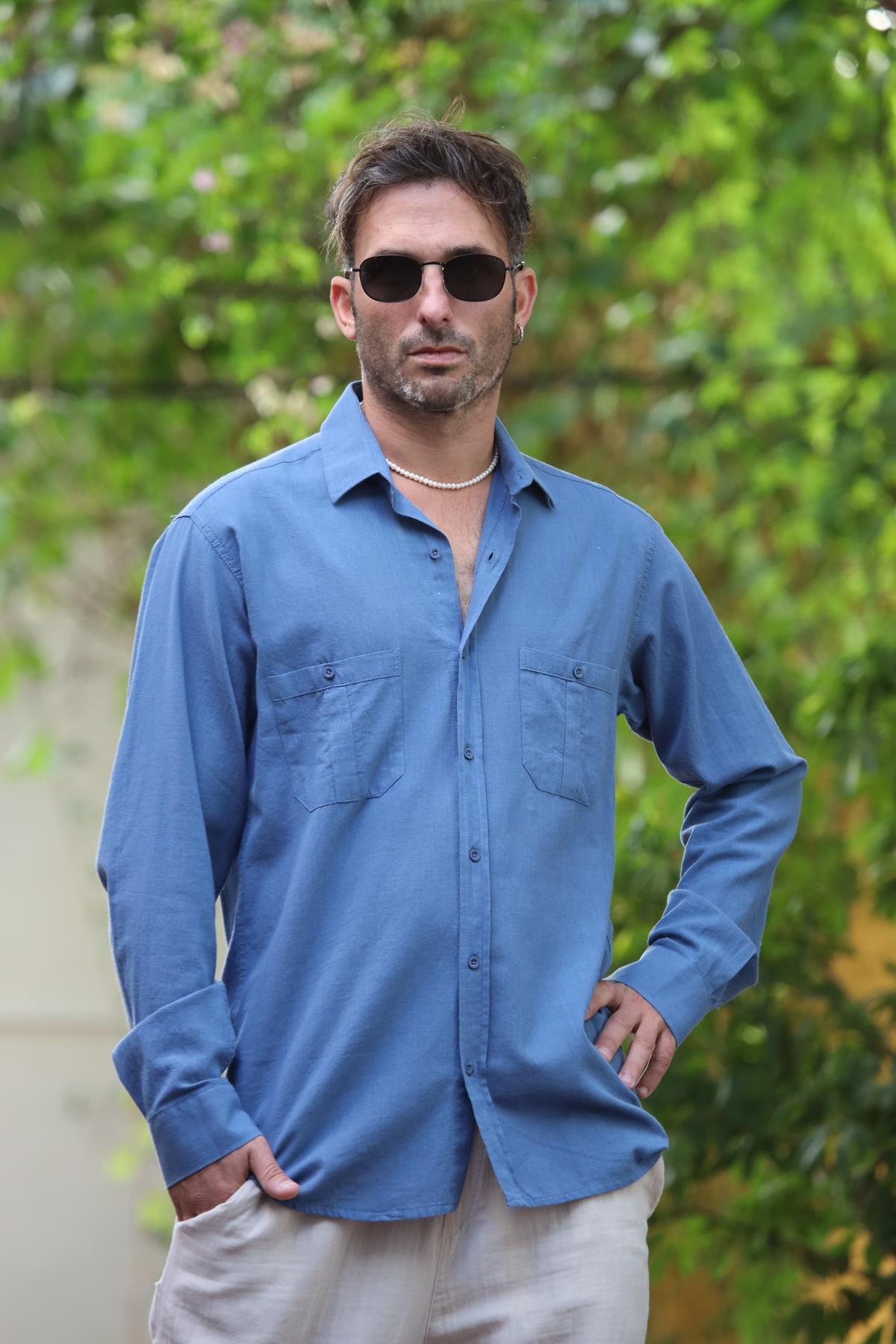 Indigo Blue Double Pocket Long Sleeve Men's Shirt