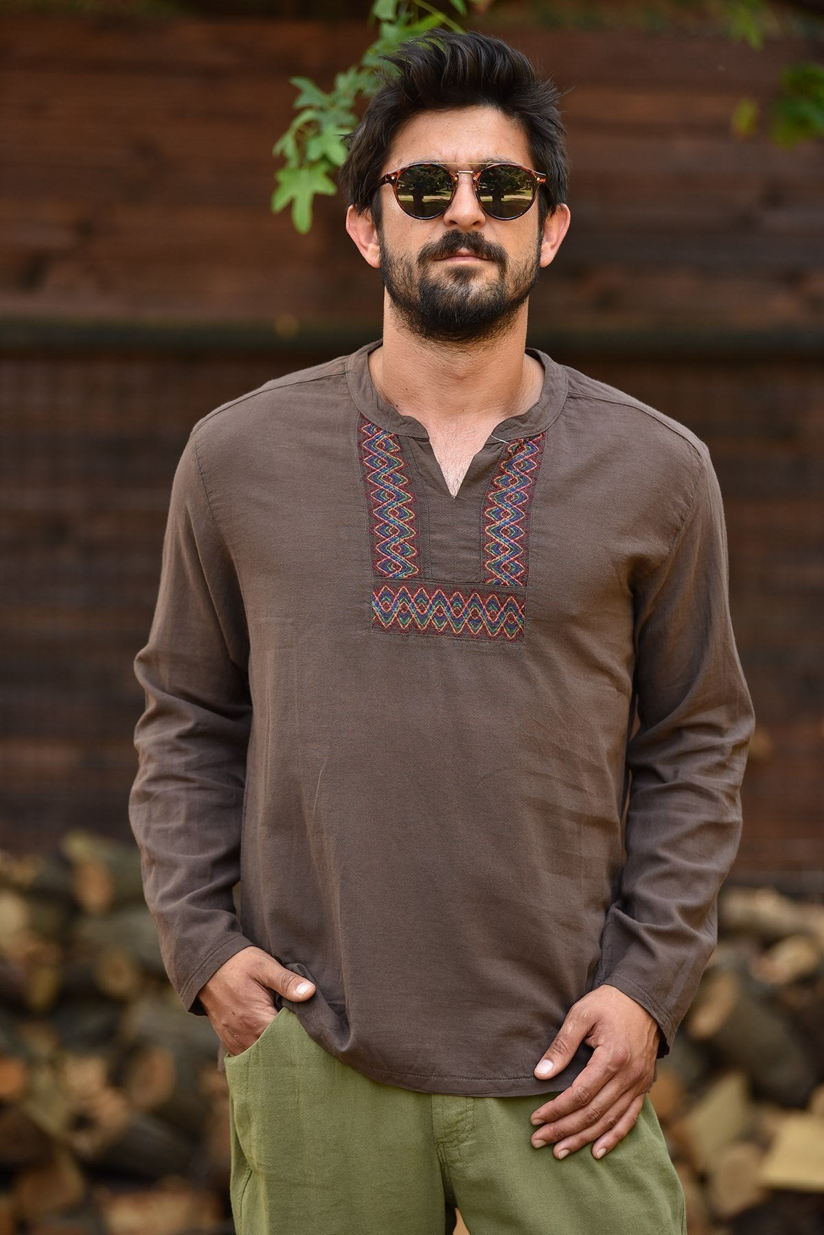 Brown Crew Neck Embroidered Detailed Cotton Men's Shirt