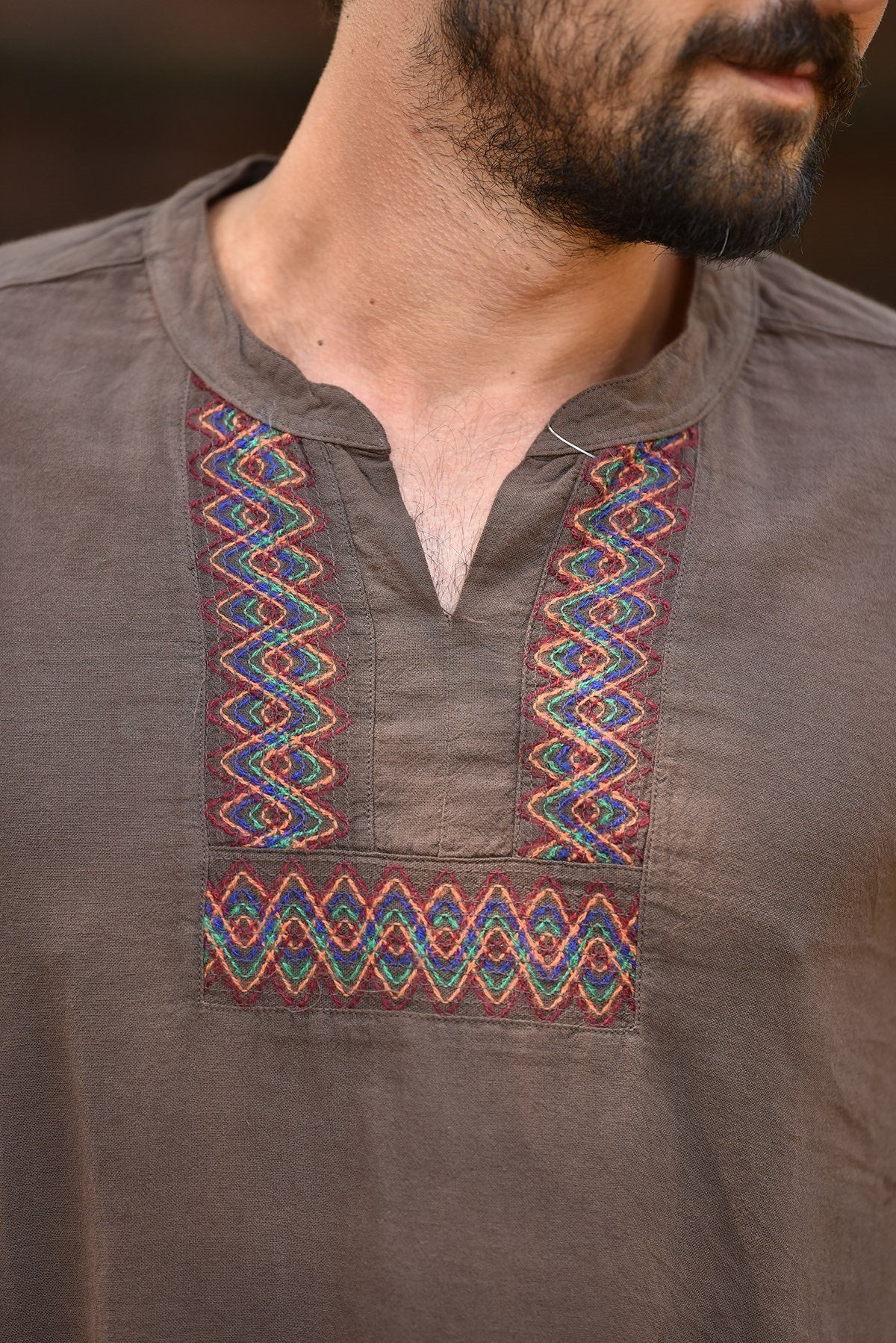 Brown Crew Neck Embroidered Detailed Cotton Men's Shirt