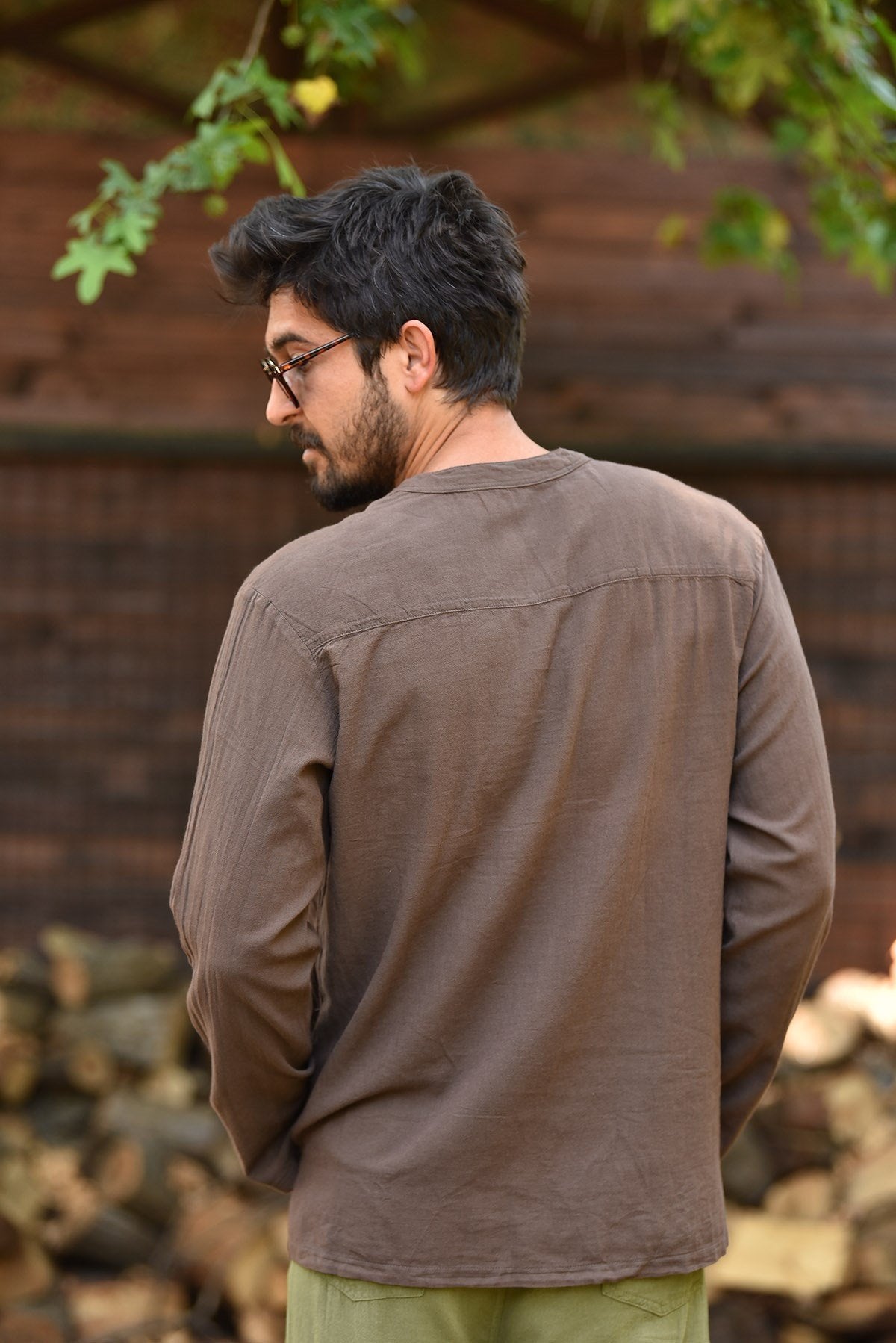Brown Crew Neck Embroidered Detailed Cotton Men's Shirt