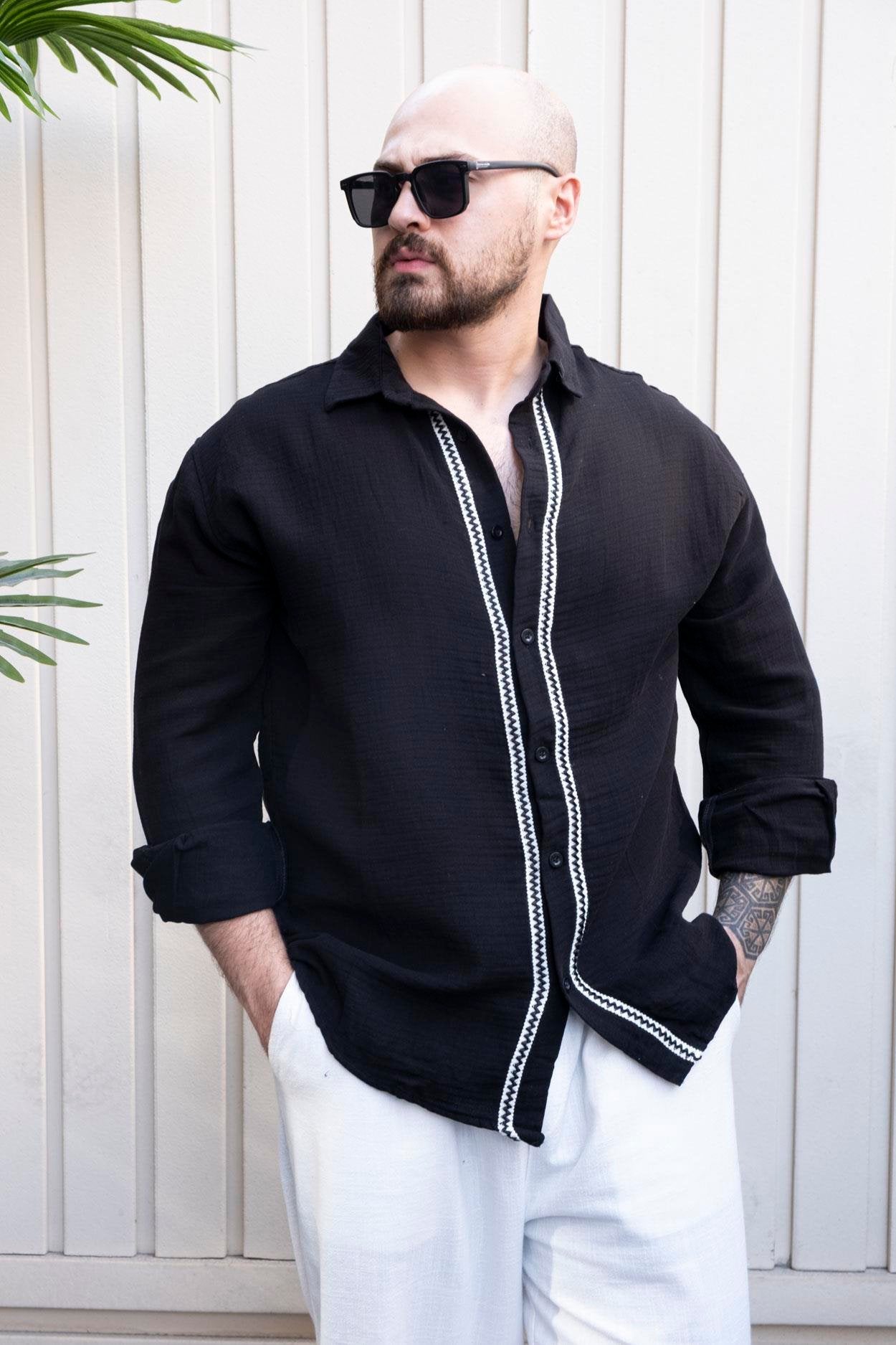 Artisan Linen Fabric Casual Shirt with Woven Accents