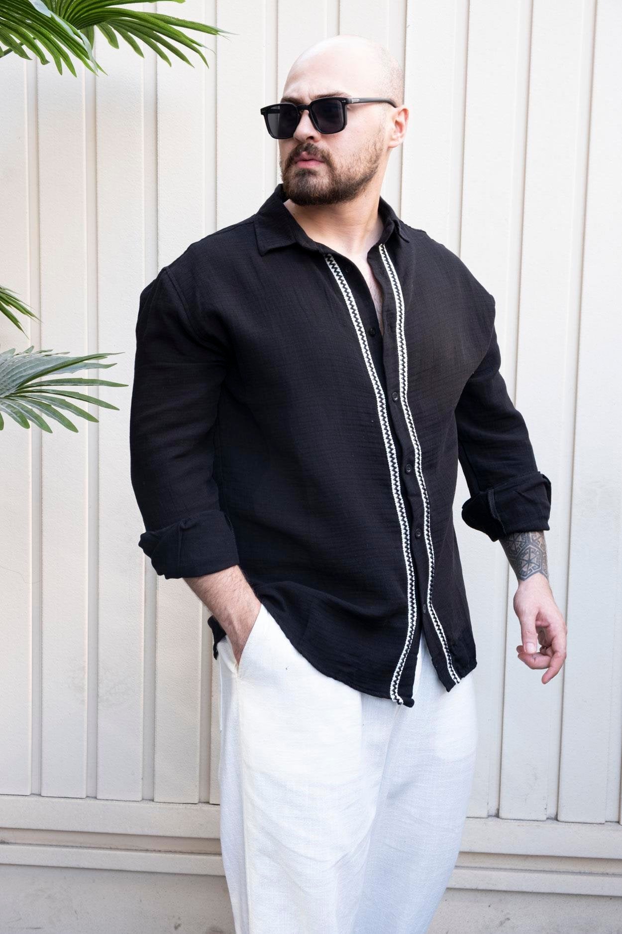 Artisan Linen Fabric Casual Shirt with Woven Accents