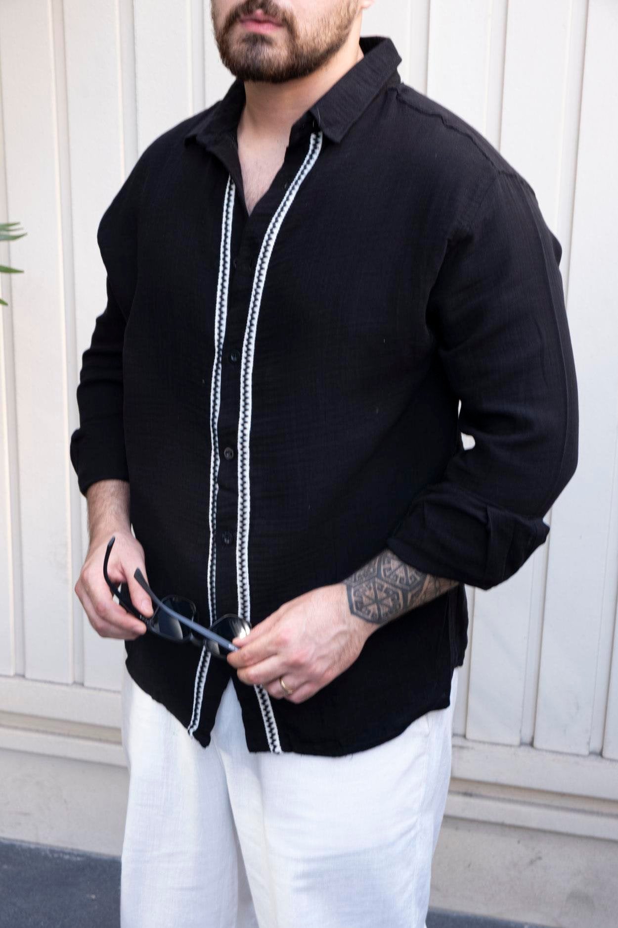 Artisan Linen Fabric Casual Shirt with Woven Accents