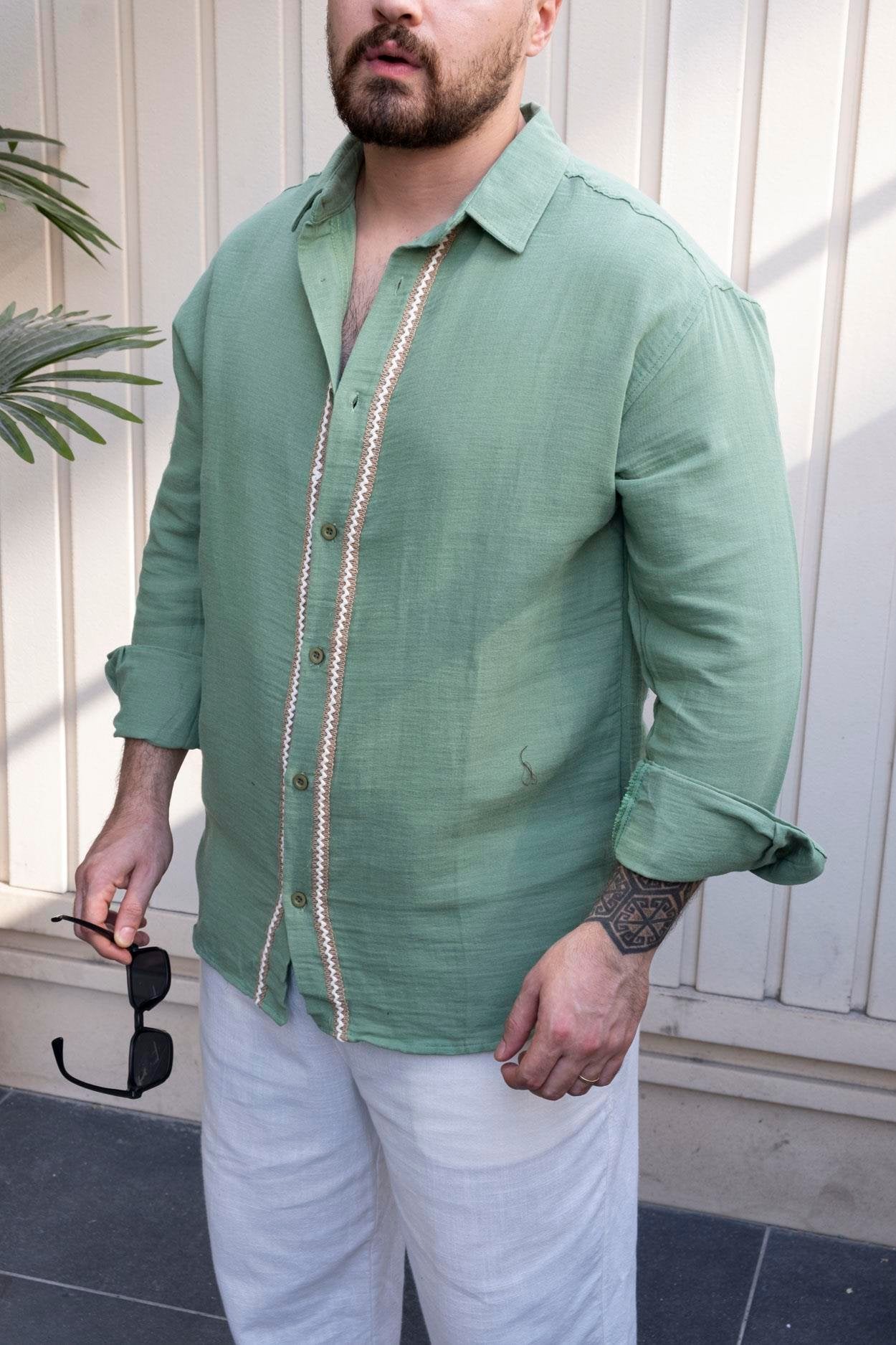 Crafted Linen Fabric Shirt with Decorative Woven Detail