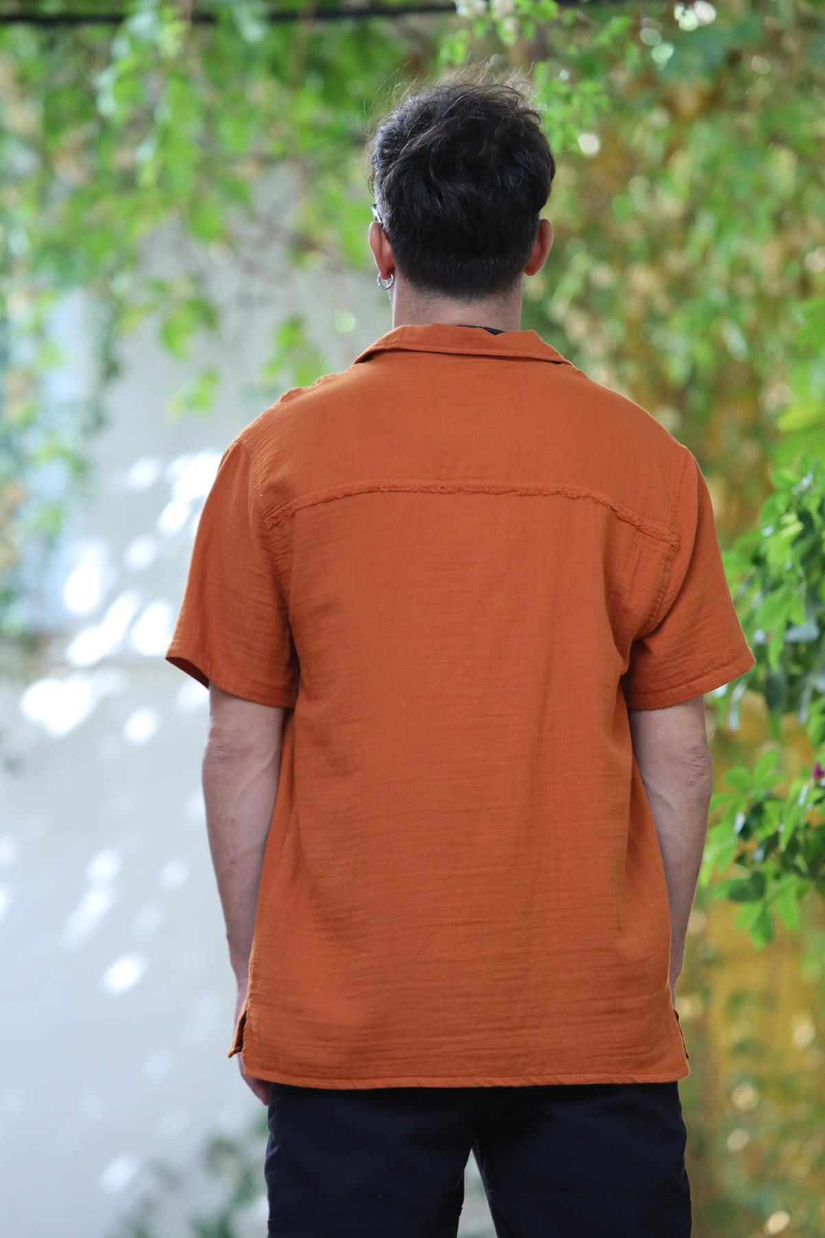 Brick Color Tasseled Back Short Sleeve Men's Shirt