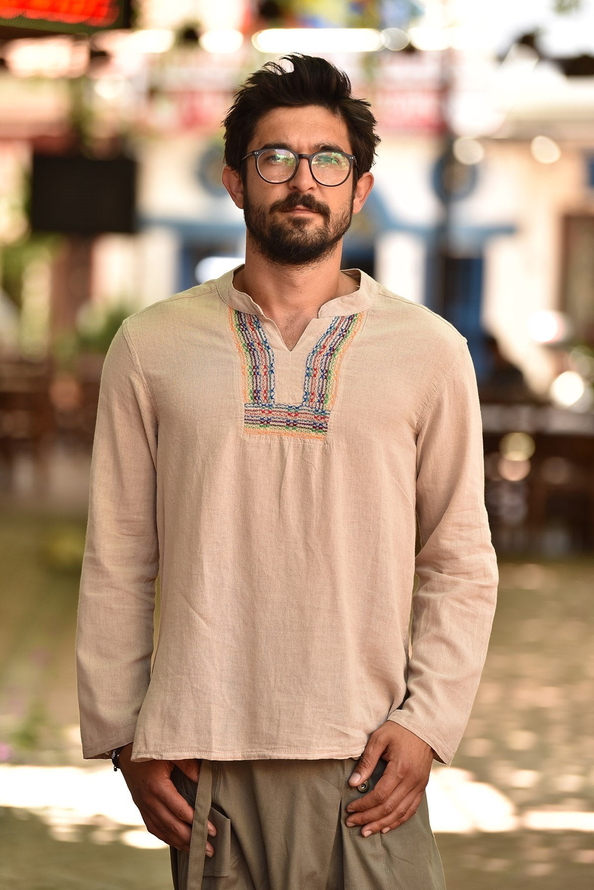 Cream Mandarin Collar Embroidery Detailed Cotton Men's Shirt