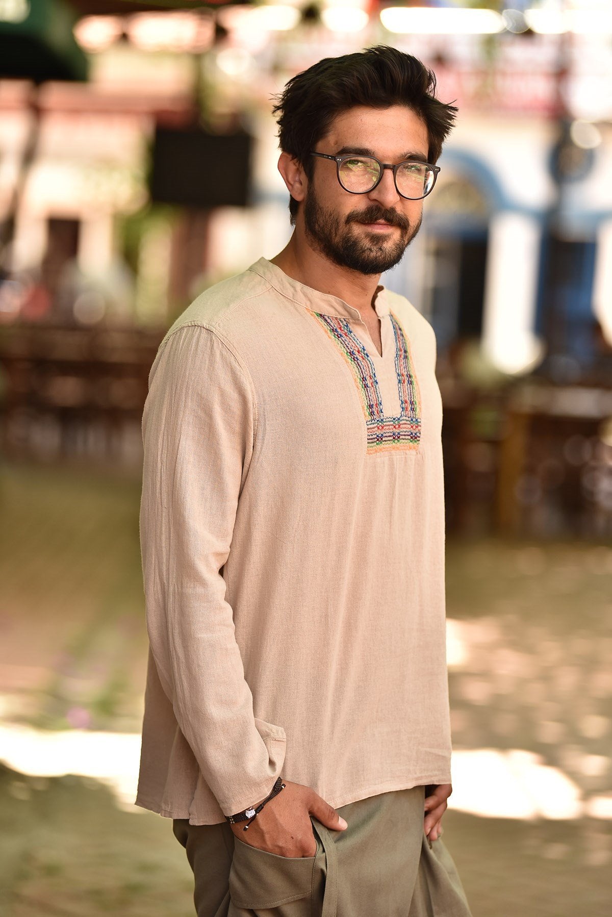 Cream Mandarin Collar Embroidery Detailed Cotton Men's Shirt