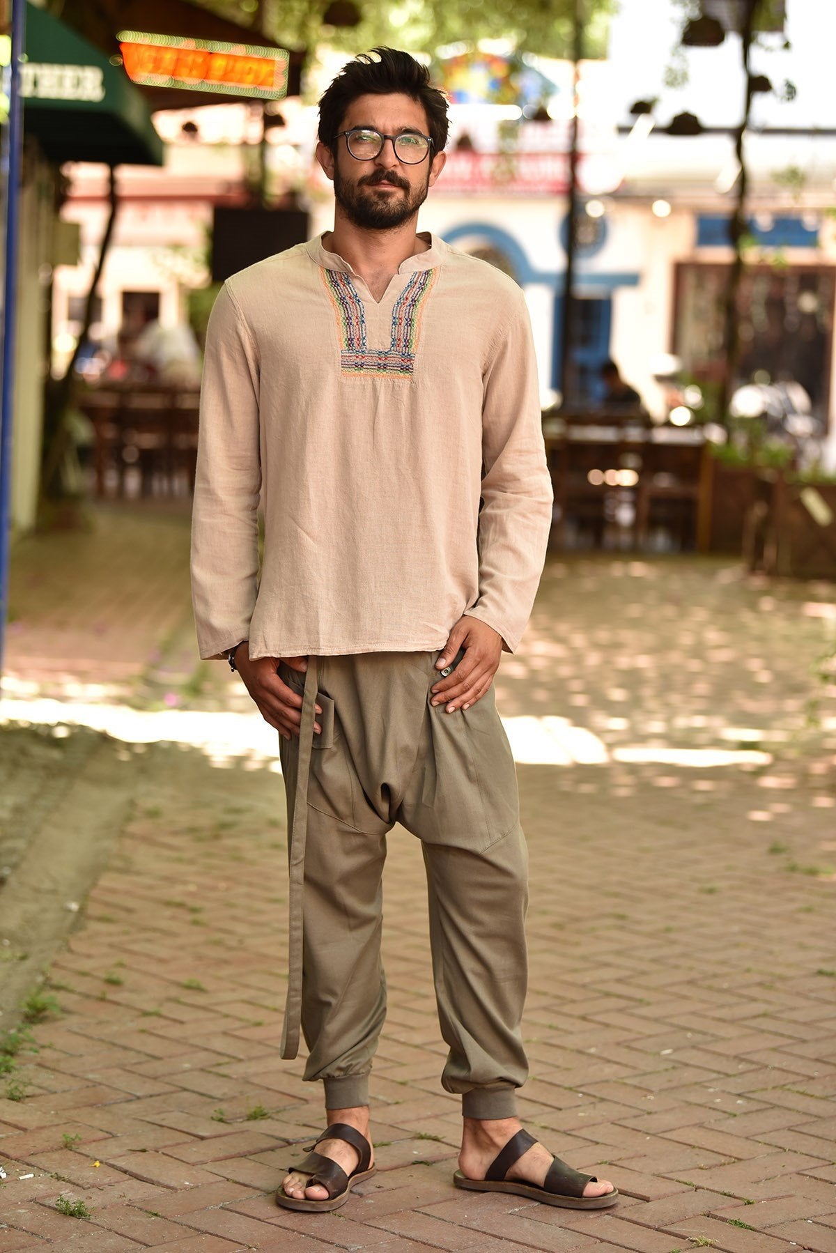 Cream Mandarin Collar Embroidery Detailed Cotton Men's Shirt