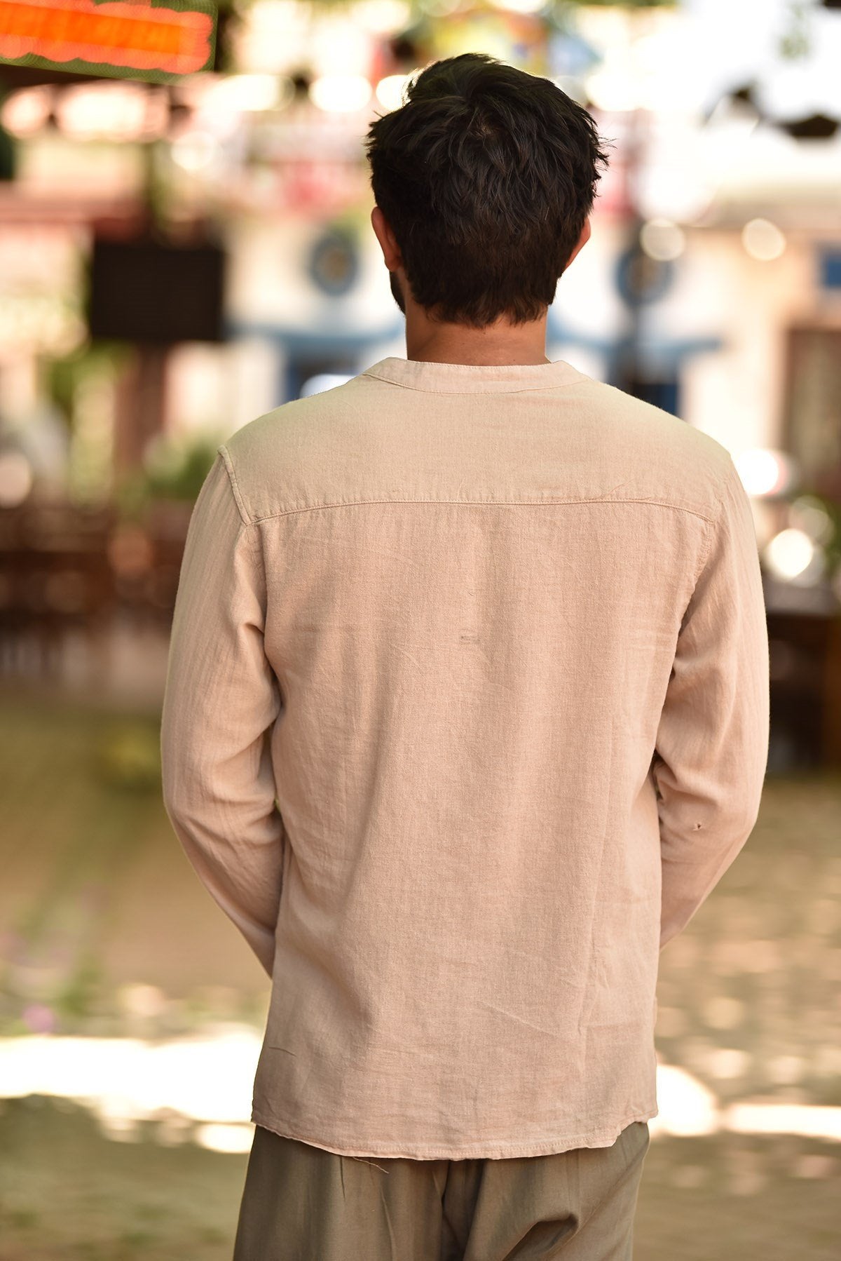 Cream Mandarin Collar Embroidery Detailed Cotton Men's Shirt