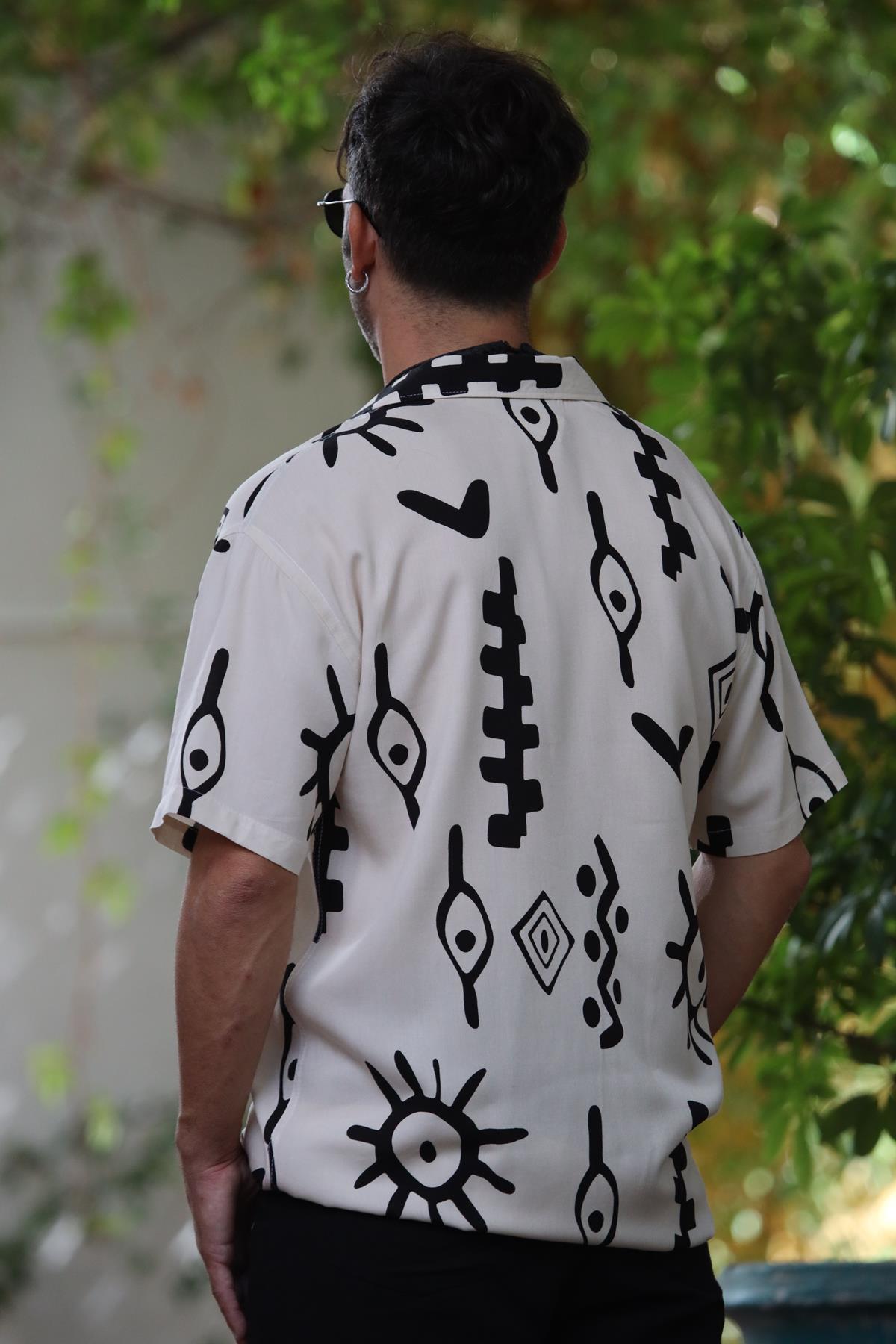 Cream Color Patterned Short Sleeve Men's Shirt