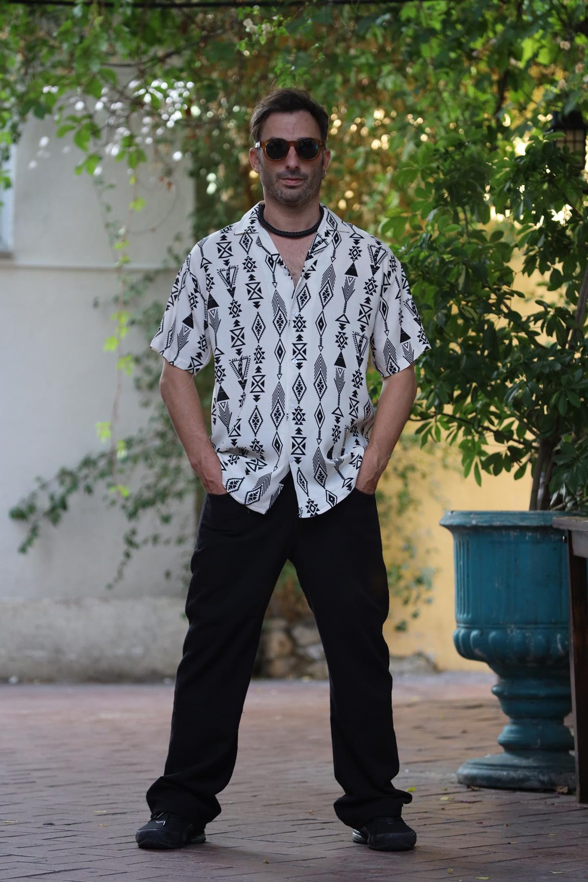 Cream Color Patterned Short Sleeve Men's Shirt