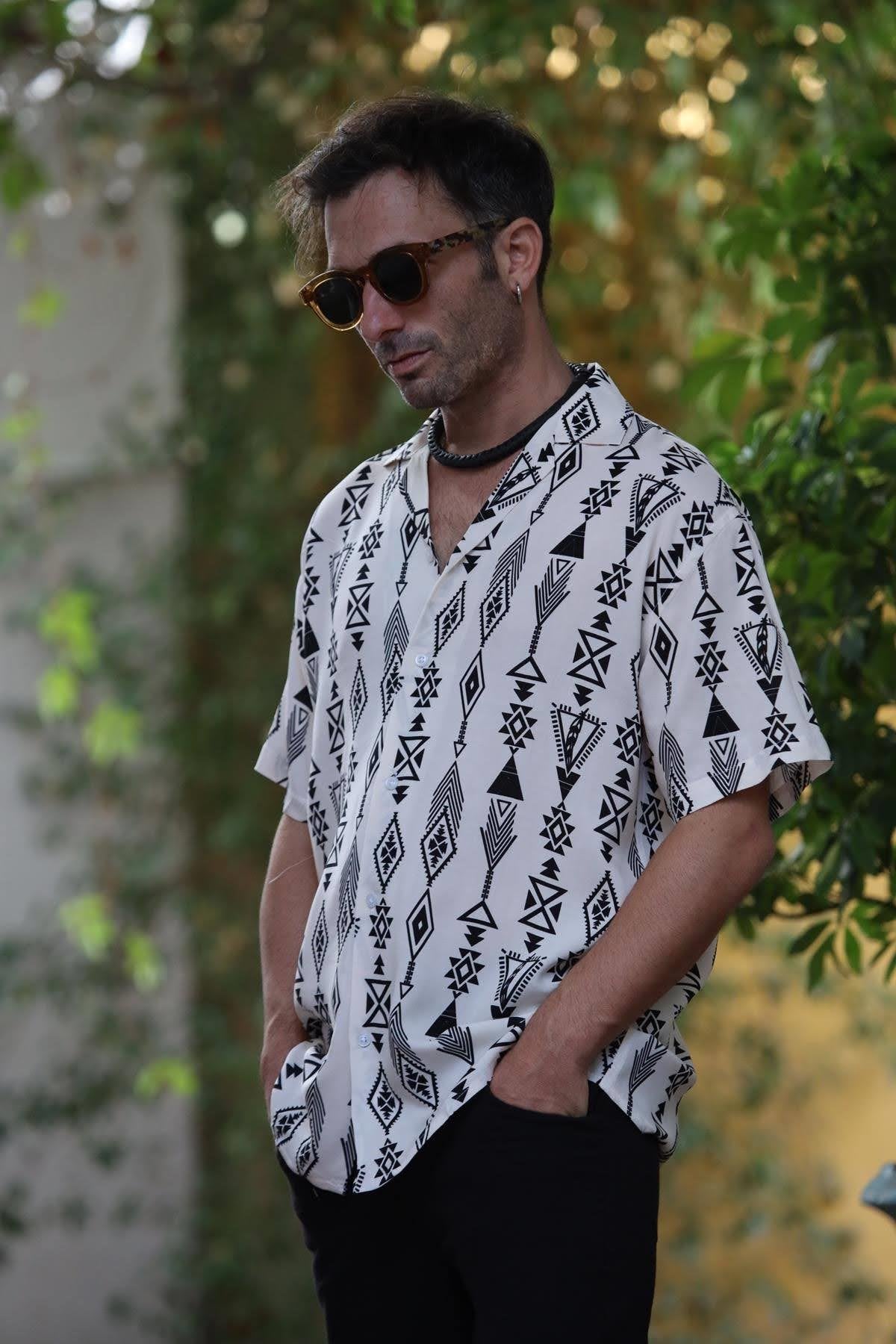 Cream Color Patterned Short Sleeve Men's Shirt