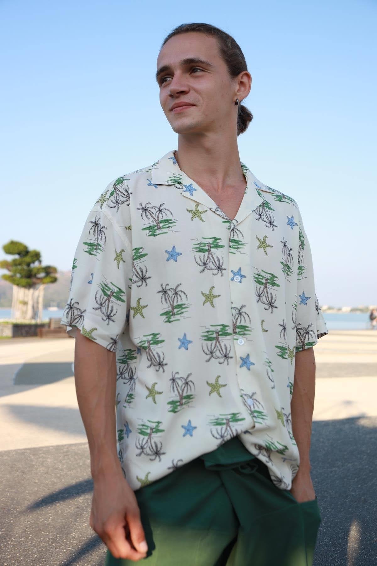 Cream Color Patterned Short Sleeve Men's Shirt