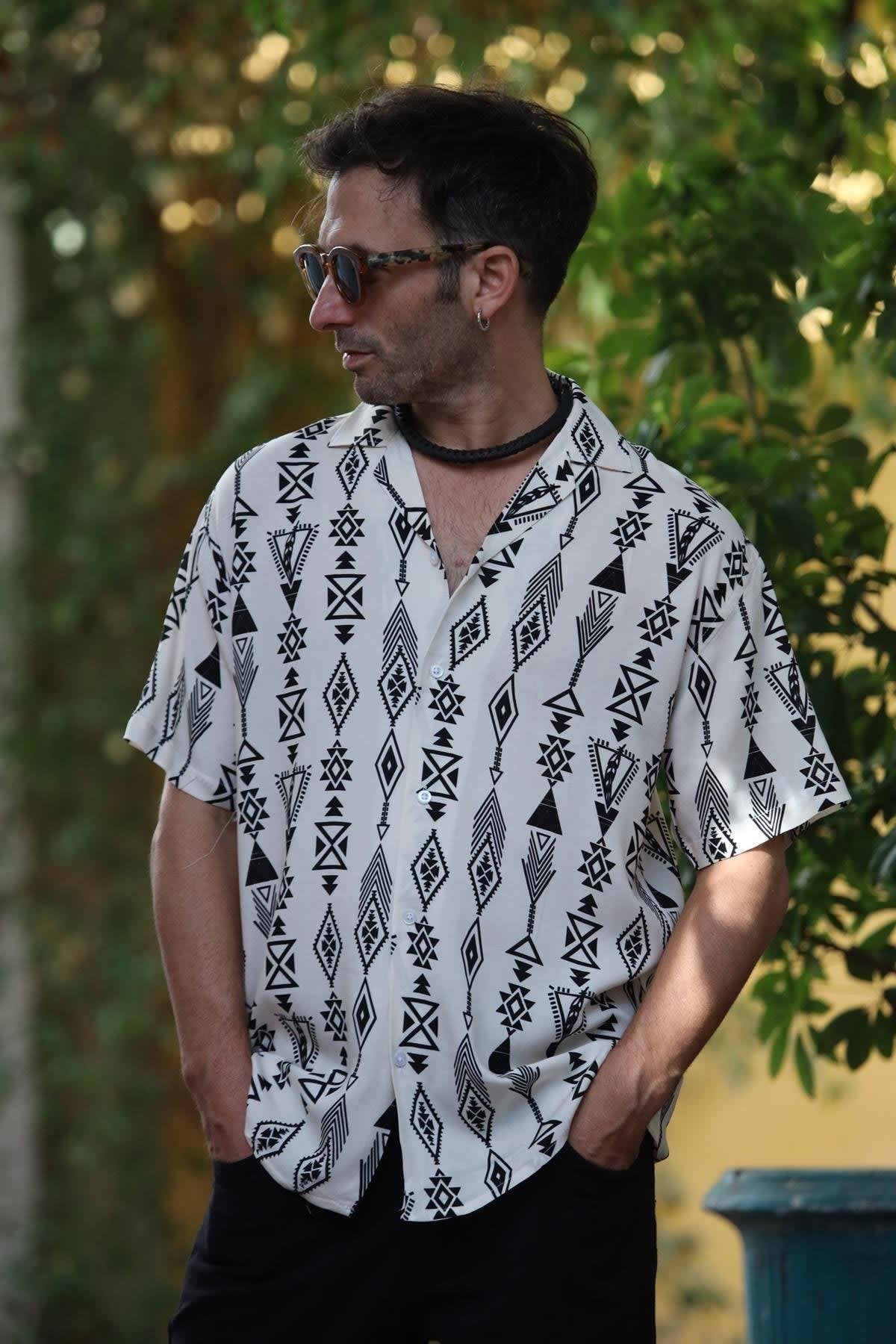 Cream Color Patterned Short Sleeve Men's Shirt