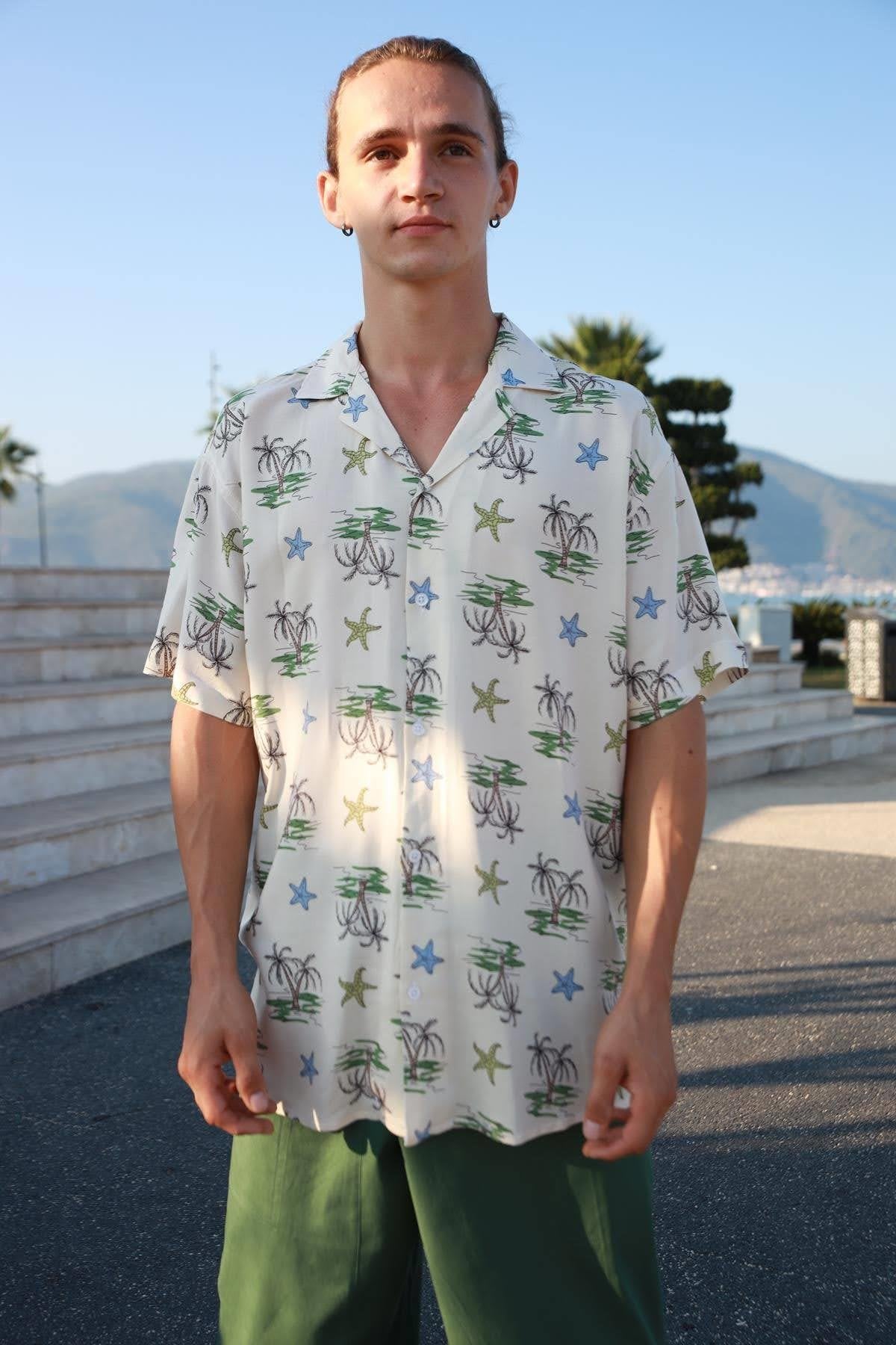 Cream Color Patterned Short Sleeve Men's Shirt