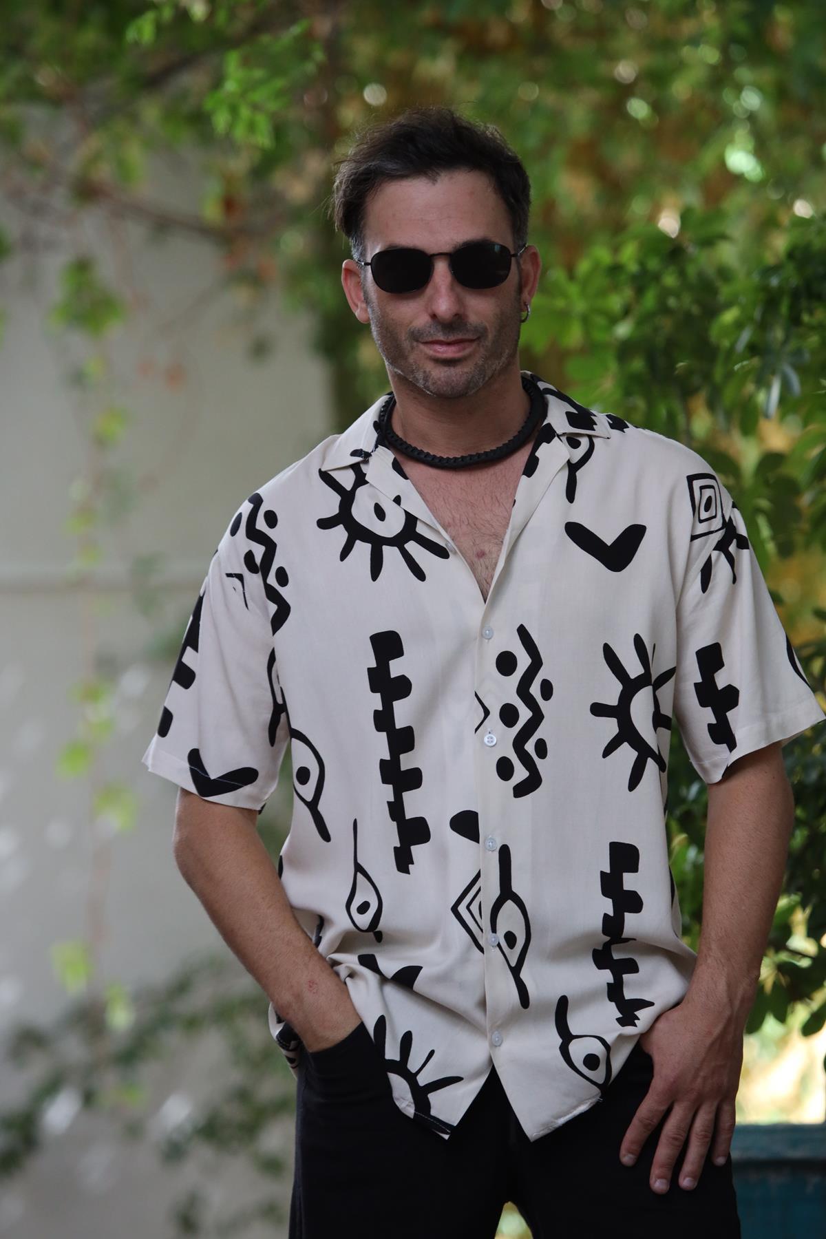 Cream Color Patterned Short Sleeve Men's Shirt