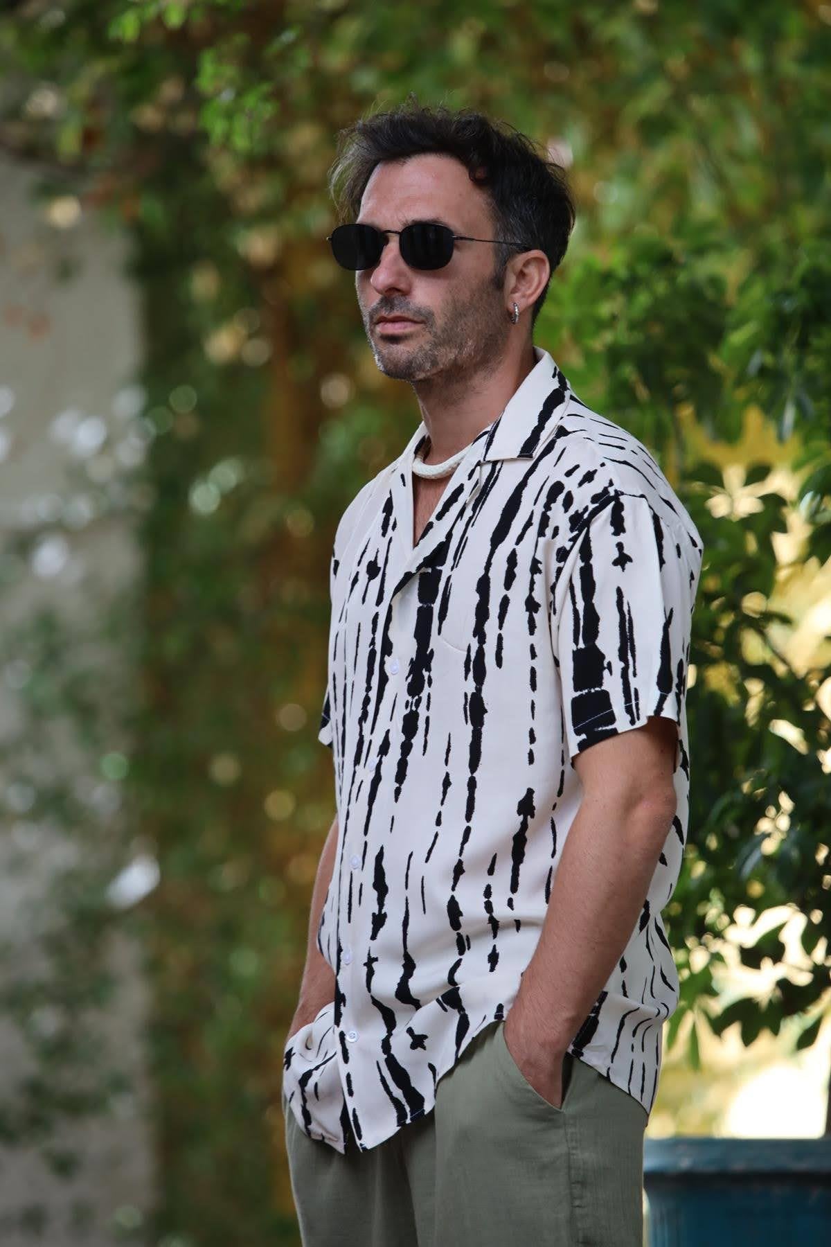 Cream Color Patterned Short Sleeve Men's Shirt