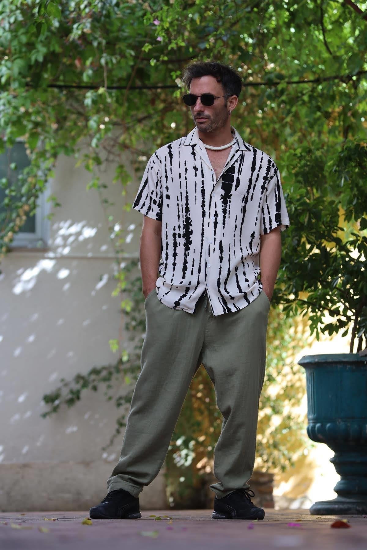 Cream Color Patterned Short Sleeve Men's Shirt